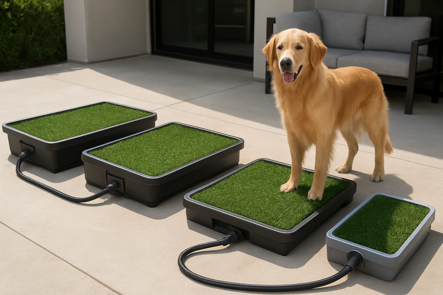 Create a realistic image of multiple flushable patio potty systems for dogs displayed side by side on a clean outdoor patio, showing different sizes and designs including rectangular and square units with artificial grass surfaces, drainage systems, and connection hoses, with a medium-sized golden retriever standing on one of the units to demonstrate scale, bright natural daylight illuminating the scene with a modern home patio background featuring clean concrete flooring and partial view of outdoor furniture, absolutely NO text should be in the scene.