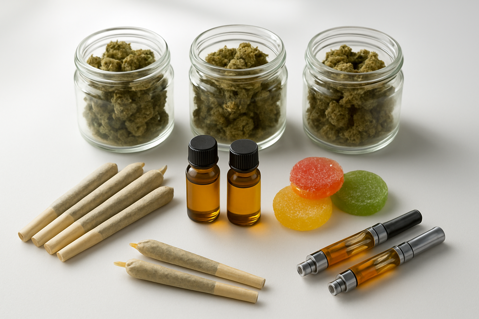 Create a realistic image of various cannabis products neatly arranged on a clean white surface including glass jars with different strains of dried cannabis flower, pre-rolled joints, small bottles of cannabis oil, colorful gummy edibles, and vape cartridges, with soft natural lighting from above creating gentle shadows, displaying the products in an organized and professional manner suitable for beginners to understand different options available, absolutely NO text should be in the scene.