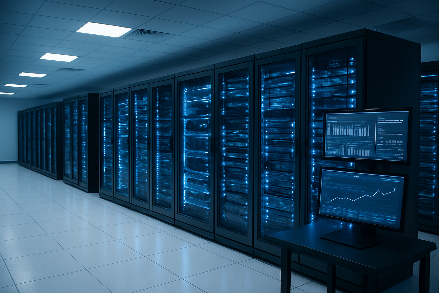 Create a realistic image of a modern data center with rows of sleek server racks illuminated by blue LED lights, fiber optic cables neatly organized throughout, multiple computer monitors displaying system performance metrics and uptime statistics, a clean white floor with subtle grid patterns, overhead fluorescent lighting creating a professional atmosphere, cooling vents visible on the ceiling, and glass panels on server cabinets reflecting the ambient lighting, conveying a sense of technological advancement and reliable infrastructure, absolutely NO text should be in the scene.