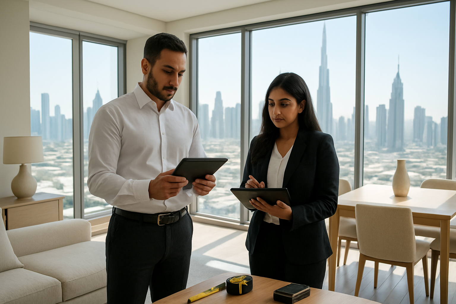 Create a realistic image of a professional Middle Eastern male inspector in a white dress shirt and dark pants holding a digital tablet and clipboard while examining a modern Dubai apartment, with a female South Asian assistant in business attire taking notes beside him, showcasing a luxury residential interior with floor-to-ceiling windows revealing Dubai's skyline in the background, bright natural lighting illuminating the space, demonstrating thorough property inspection services with professional equipment visible including a measuring tape and inspection tools, absolutely NO text should be in the scene.