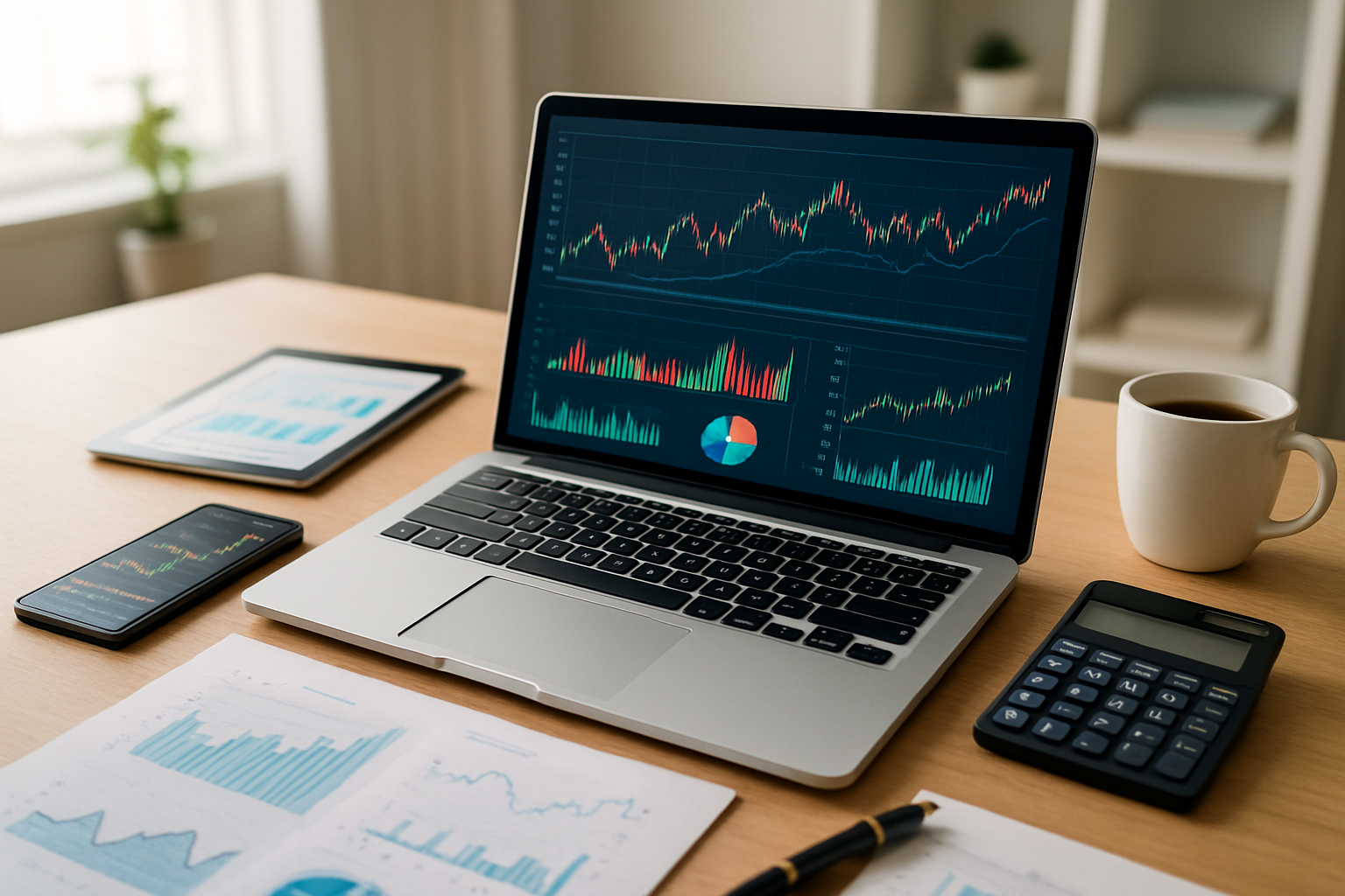 Create a realistic image of a modern laptop computer displaying colorful financial charts and investment dashboard interfaces on the screen, surrounded by a smartphone showing a trading app, a tablet with investment portfolio data, and financial documents spread on a clean wooden desk, with a calculator, pen, and coffee cup nearby, set in a bright contemporary home office environment with natural lighting from a window, creating a professional and organized atmosphere for smart investing activities, absolutely NO text should be in the scene.