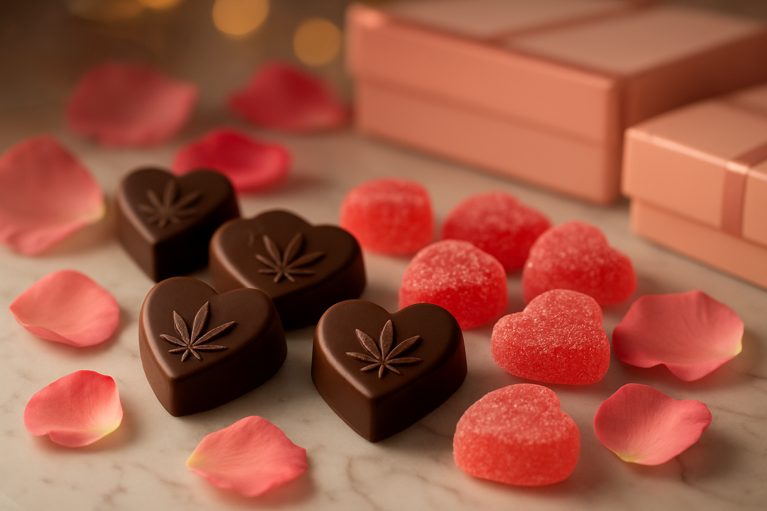 Create a realistic image of cannabis-infused chocolates and gummies arranged elegantly on a marble surface, featuring heart-shaped chocolate truffles with subtle cannabis leaf designs, colorful gummy candies in romantic pink and red hues, delicate rose petals scattered around the sweets, soft warm lighting creating gentle shadows, luxurious Valentine's Day packaging boxes partially visible in the background, romantic atmosphere with bokeh lighting effects, absolutely NO text should be in the scene.
