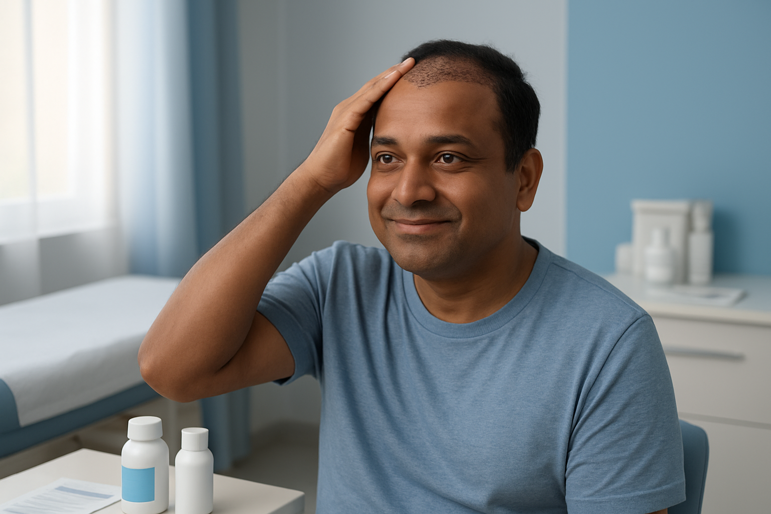 Create a realistic image of a middle-aged Indian male patient sitting comfortably in a modern medical clinic room, gently touching his scalp area where hair transplant has been performed, with medical care items like prescribed medications, gentle shampoo bottles, and post-surgery care instructions visible on a nearby table, soft natural lighting coming through a window, clean white and blue medical environment with a caring and hopeful atmosphere, absolutely NO text should be in the scene.