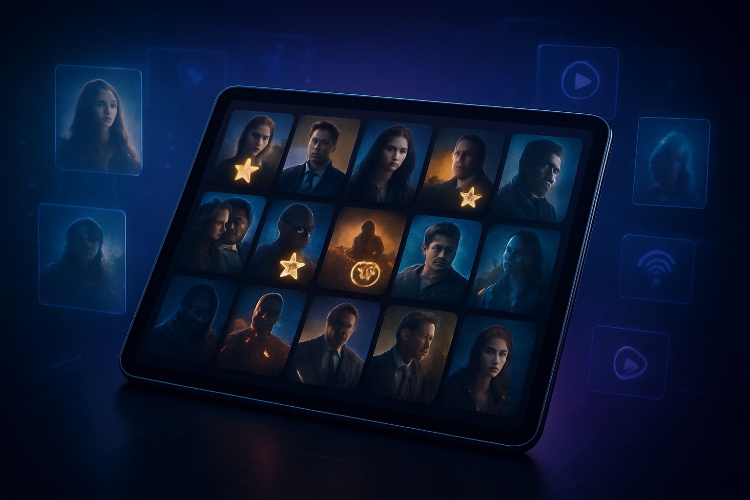 Create a realistic image of a sleek modern tablet or smartphone displaying multiple rows of diverse movie and TV show thumbnails on screen, with premium golden star badges and VIP icons overlaying some content tiles, surrounded by floating holographic movie posters and streaming media icons in a dark digital environment with blue and purple ambient lighting, absolutely NO text should be in the scene.