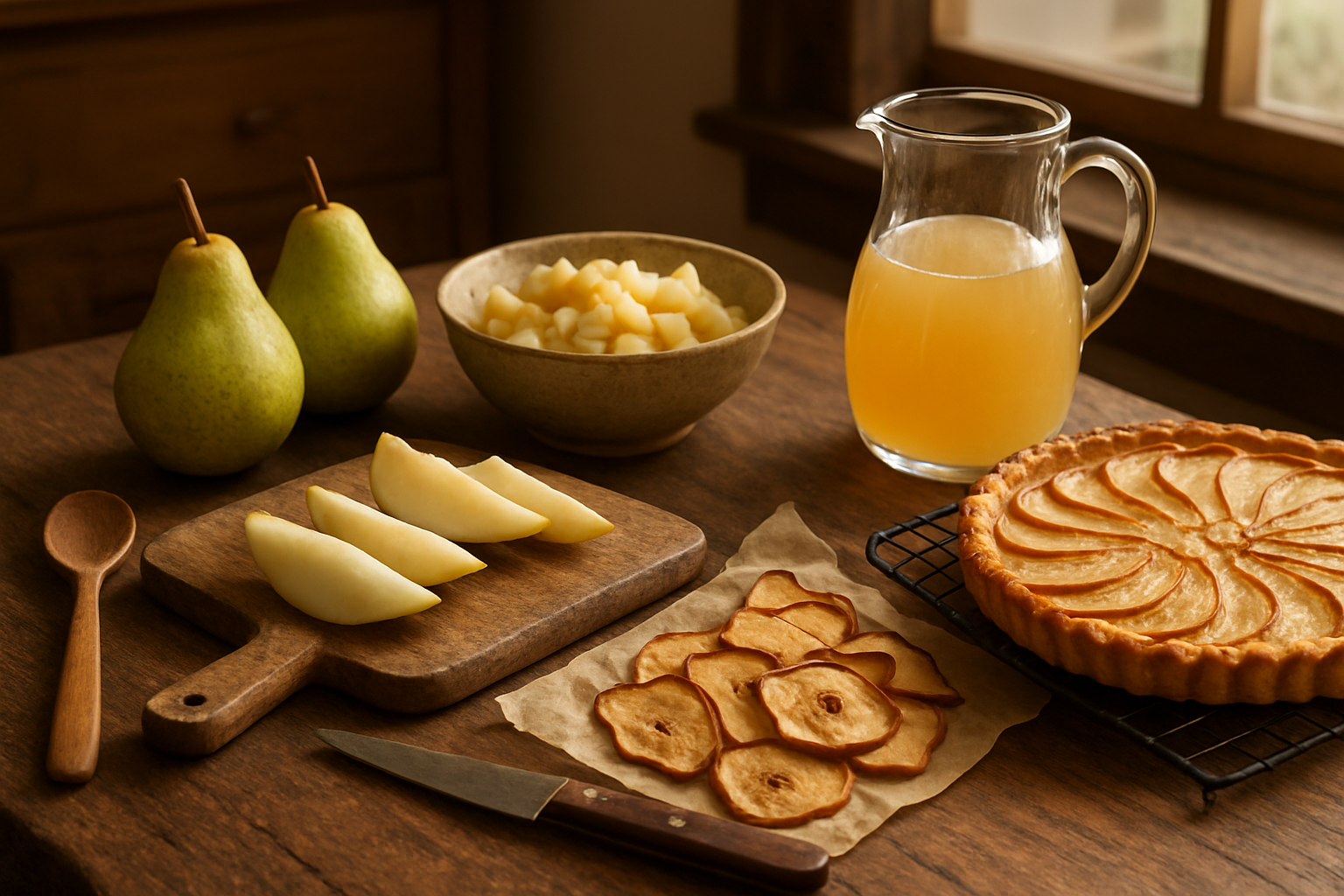 Create a realistic image of a rustic wooden kitchen counter displaying various pear preparation methods and culinary uses, featuring fresh whole pears, sliced pear wedges on a cutting board, a bowl of diced pears, pear juice in a glass pitcher, dried pear slices arranged on parchment paper, and a freshly baked pear tart cooling on a wire rack, with kitchen utensils including a sharp knife and wooden spoon nearby, set against a warm kitchen background with natural daylight streaming through a window, absolutely NO text should be in the scene.