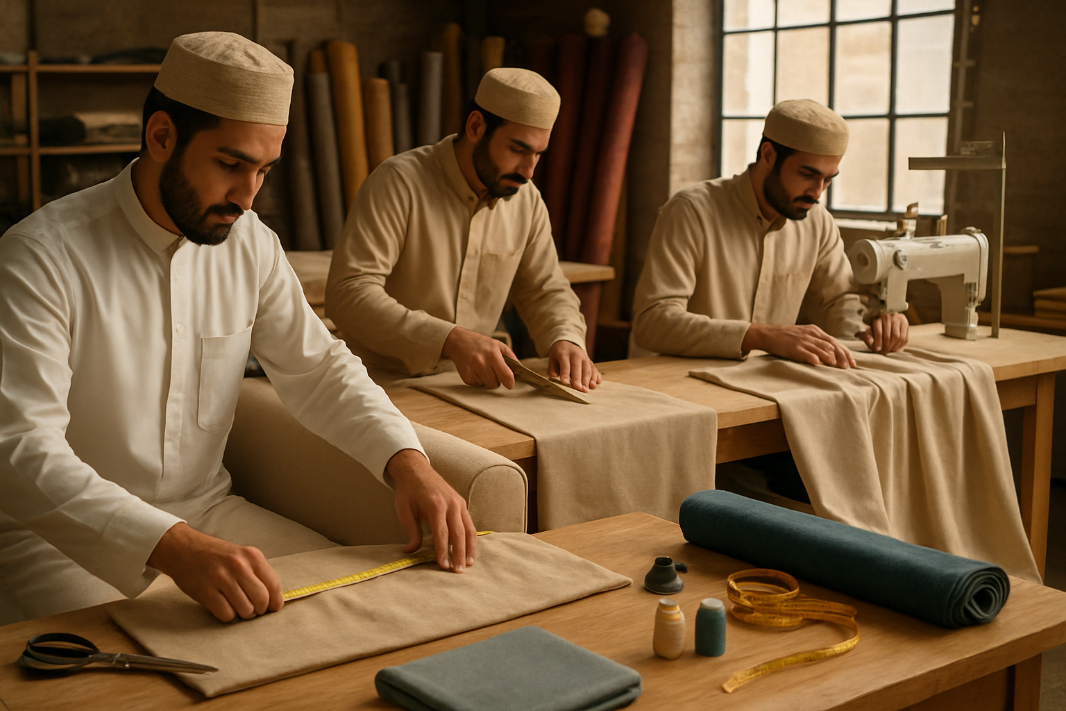 Create a realistic image of skilled craftsmen working on custom sofa and curtain manufacturing in a professional workshop, showing Middle Eastern male artisans measuring fabric, cutting upholstery materials, and sewing curtain panels with precision tools, workshop setting with wooden workbenches, industrial sewing machines, rolls of elegant fabrics in rich colors, measuring tapes, scissors, and quality materials scattered around, warm natural lighting from large windows creating a focused and dedicated working atmosphere, showcasing the detailed craftsmanship process and attention to quality, absolutely NO text should be in the scene.