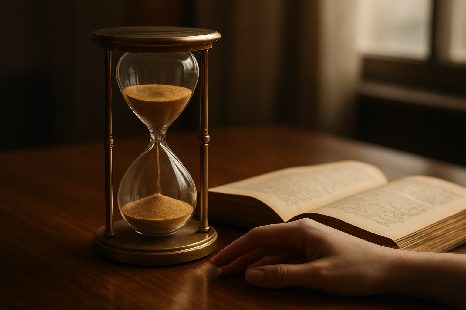 Create a realistic image of an elegant hourglass with golden sand flowing slowly from the upper chamber to the lower chamber, placed on a polished wooden desk beside an open ancient book with aged parchment pages, with a white female hand gently positioned near the hourglass as if contemplating time, soft warm lighting creating gentle shadows, background showing a blurred window with natural daylight, conveying a sense of patience, wisdom, and strategic thinking, with a peaceful and contemplative mood throughout the scene, absolutely NO text should be in the scene.