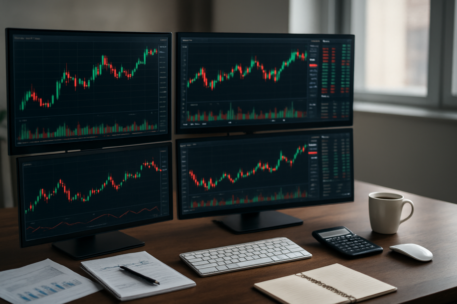 Create a realistic image of a modern trading workspace featuring multiple computer monitors displaying colorful financial charts, candlestick patterns, and market data graphs with green and red price movements, a sleek desk with a wireless keyboard and mouse, scattered financial documents and notebooks, a calculator, and a coffee cup, set against a professional office background with soft natural lighting from a window, creating a focused and analytical atmosphere that represents financial market analysis and trading signal interpretation, absolutely NO text should be in the scene.