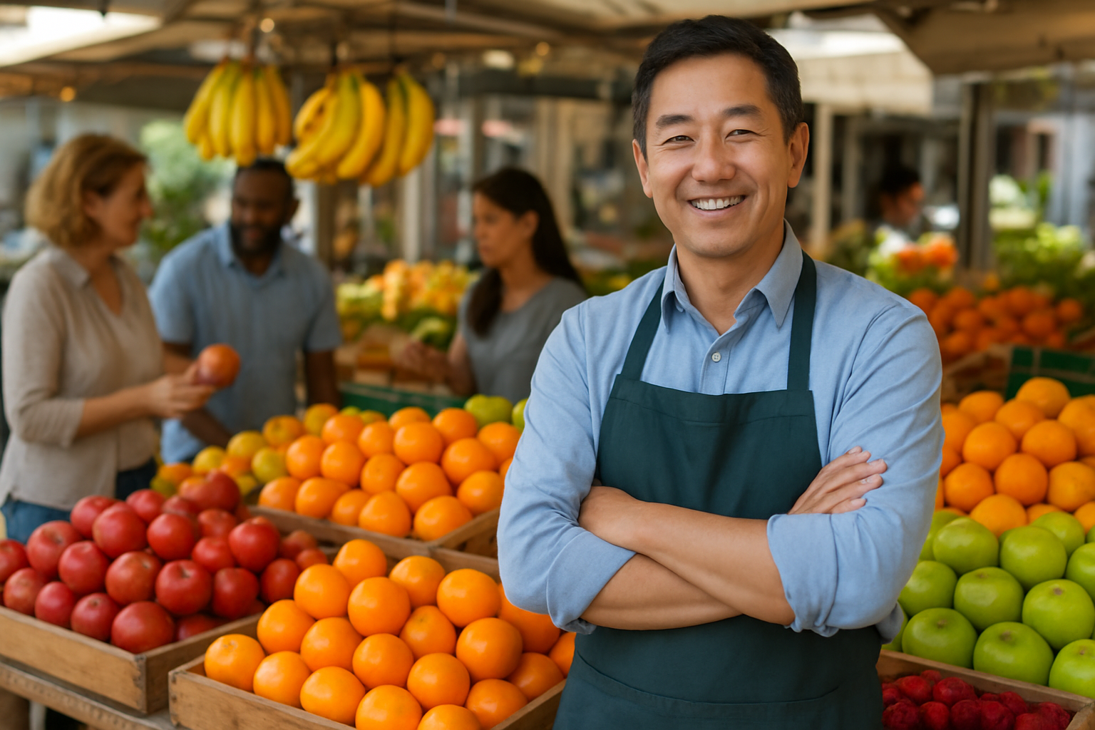 Create a realistic image of a successful fruit business owner, a middle-aged Asian male, standing confidently in front of a thriving fruit market stall displaying fresh, high-quality colorful fruits including apples, oranges, bananas, and berries arranged neatly in wooden crates, with satisfied customers of diverse backgrounds browsing and purchasing fruits in the background, bright natural daylight illuminating the vibrant scene, conveying a sense of achievement and proper business management through organized displays, happy customers, and the owner's confident posture, absolutely NO text should be in the scene.