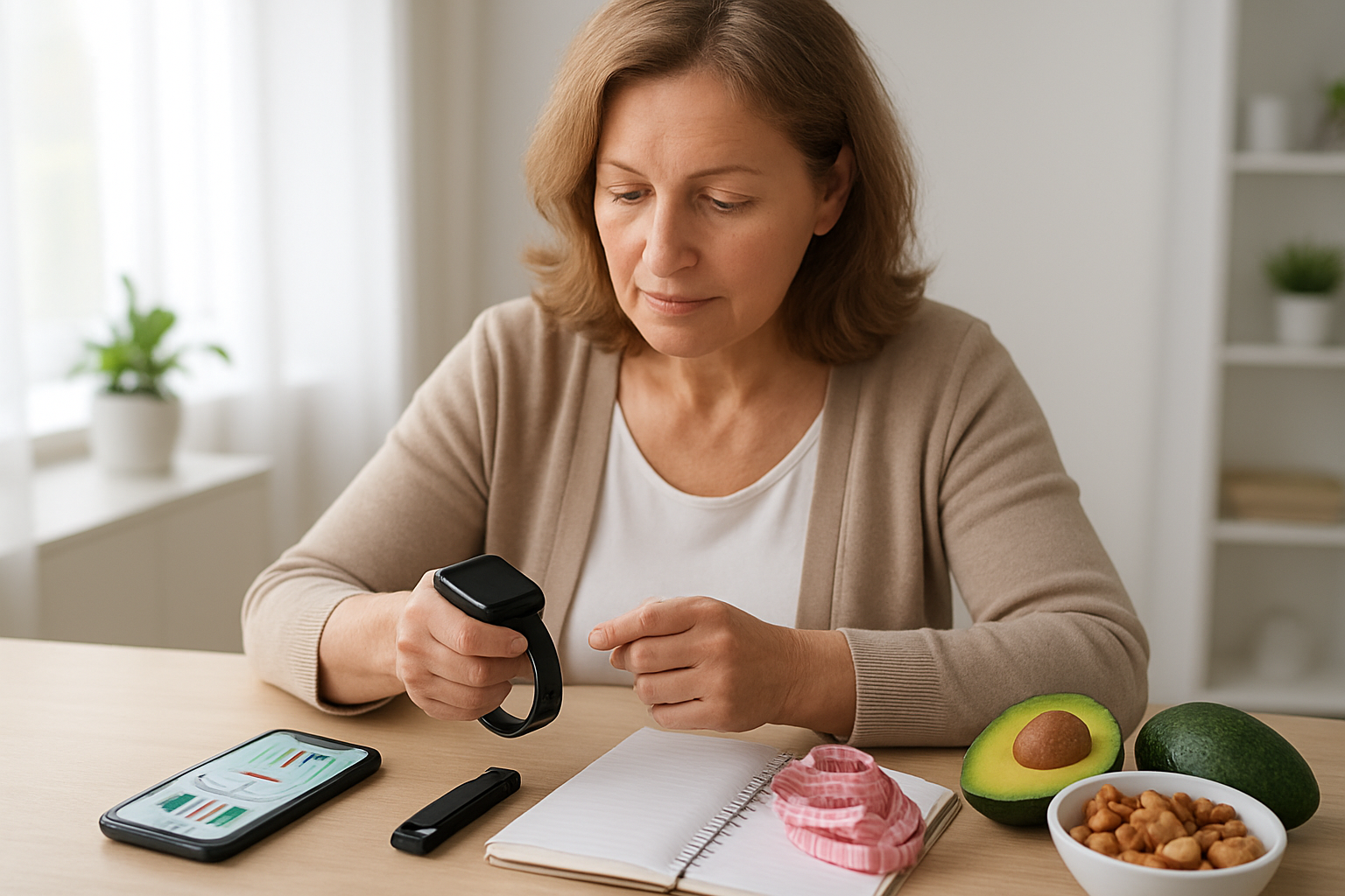 Create a realistic image of a middle-aged white female sitting at a clean modern desk examining various health tracking devices including a smartwatch, fitness tracker, and smartphone displaying health metrics, with a food journal and measuring tape nearby, surrounded by fresh keto-friendly foods like avocados and nuts, in a bright well-lit home office setting with natural lighting from a window, conveying a sense of focused health monitoring and progress tracking, absolutely NO text should be in the scene.
