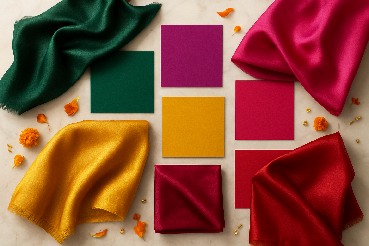 Create a realistic image of a vibrant display showcasing traditional Indian festival color palettes arranged in an artistic layout, featuring rich jewel tones like deep emerald green, royal purple, bright fuchsia, golden yellow, and crimson red displayed through fabric swatches, color cards, and silk textile samples spread elegantly on a marble surface, with soft natural lighting from above creating gentle shadows, surrounded by scattered marigold petals and small decorative elements like golden threads and sequins, creating a luxurious and celebratory mood that represents the essence of Indian festival fashion colors, shot in a clean studio setting with warm ambient lighting. Absolutely NO text should be in the scene.