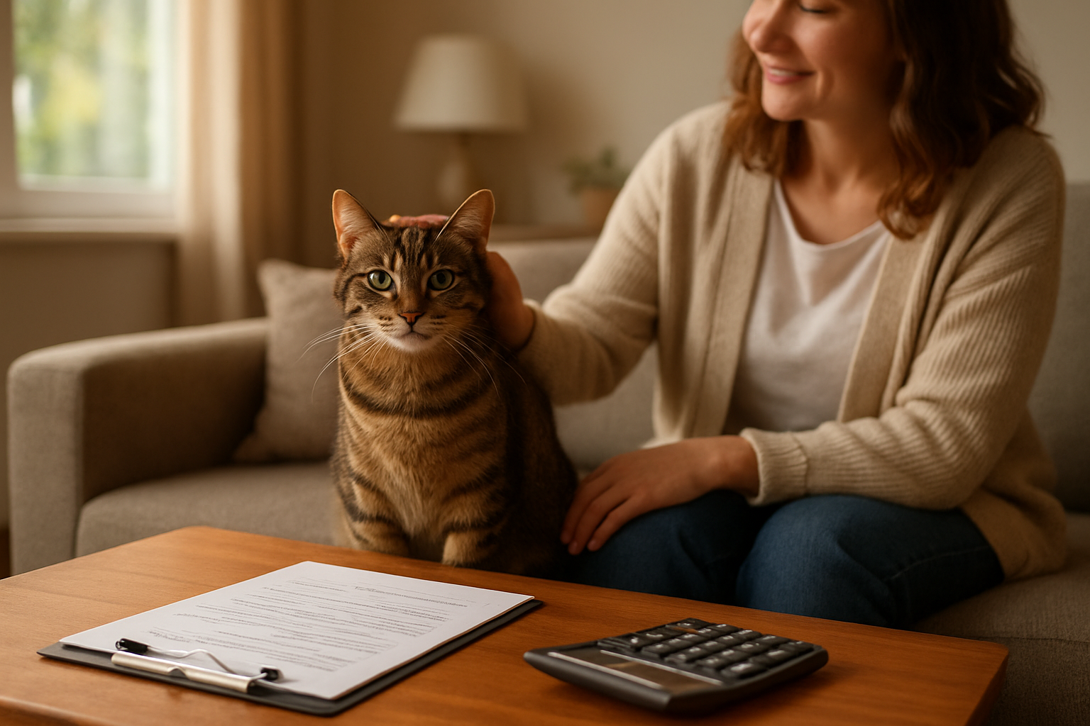 Create a realistic image of a cozy living room scene with a cute tabby cat sitting on a comfortable sofa next to a white female adult who is gently petting the cat, with adoption paperwork and a calculator visible on a wooden coffee table in the foreground, warm natural lighting streaming through a window, creating a welcoming home atmosphere that suggests the beginning of a new pet ownership journey, absolutely NO text should be in the scene.