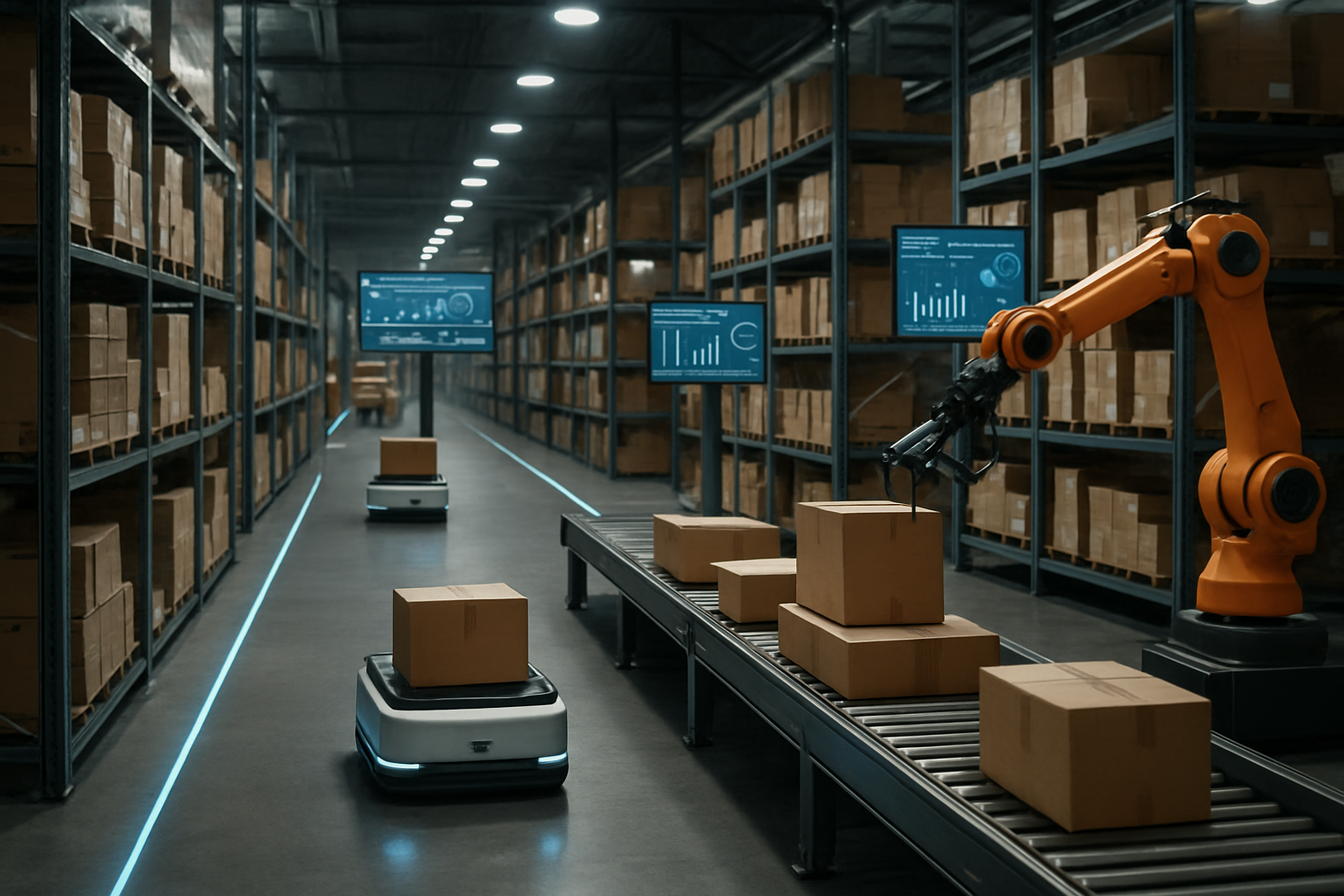 Create a realistic image of a modern automated warehouse facility showcasing smart supply chain technology with robotic arms loading packages onto conveyor belts, autonomous mobile robots navigating between tall storage shelves filled with organized inventory, digital screens displaying real-time analytics and logistics data, LED pathway lighting guiding the automated systems, a clean industrial environment with concrete floors and metal shelving infrastructure, soft overhead lighting creating a professional atmosphere, and visible cost-efficiency indicators through streamlined operations, absolutely NO text should be in the scene.
