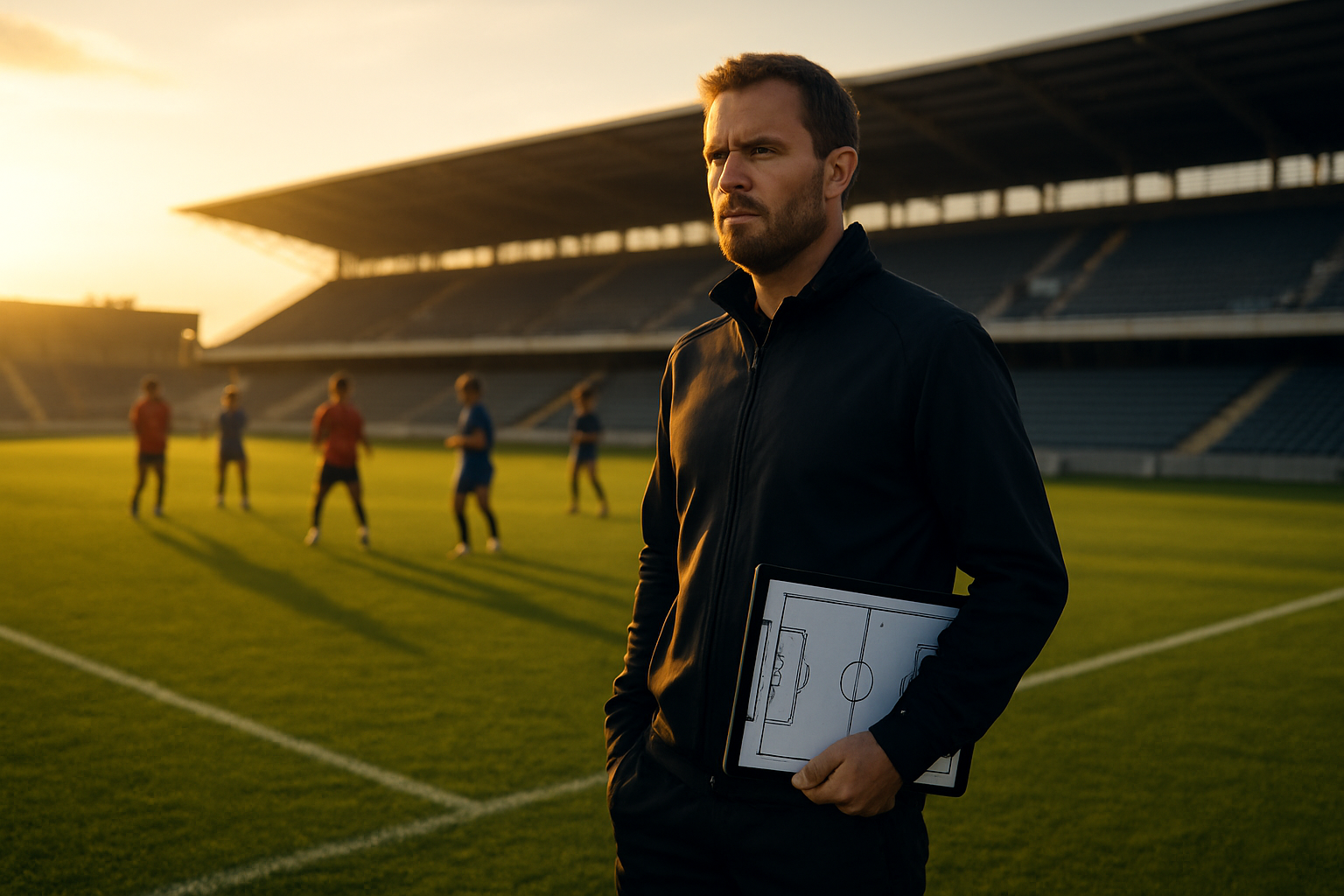 Create a realistic image of a white male football coach in his 40s standing confidently on a football pitch sideline, wearing a dark tracksuit and holding a tactical clipboard, with a modern football stadium in the background during golden hour lighting, soccer players training in the distance on the green grass field, the scene conveying leadership and tactical expertise with a professional sports atmosphere, warm natural lighting casting long shadows across the pitch. Absolutely NO text should be in the scene.