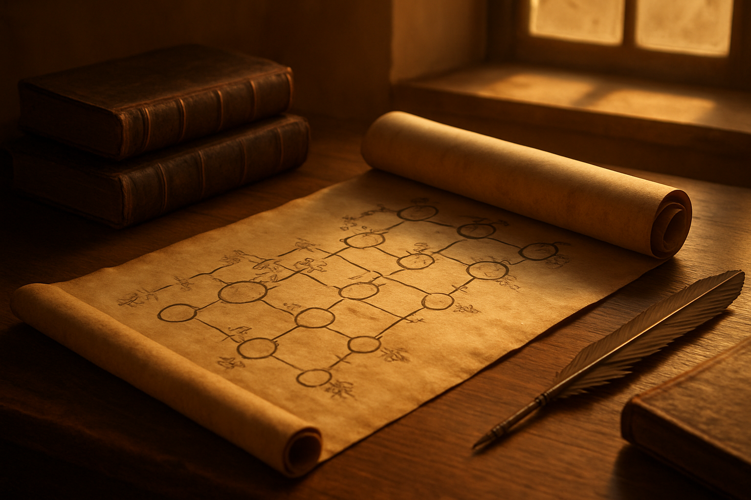 Create a realistic image of an ancient genealogical scroll or family tree document partially unrolled on a wooden table, with golden light streaming through a window illuminating the parchment, surrounded by old leather-bound biblical manuscripts and a quill pen, set in a peaceful study environment with warm amber lighting that creates a reverent and scholarly atmosphere, with the scroll showing connected family lineage symbols and ancestral markers drawn in traditional calligraphy style, absolutely NO text should be in the scene.