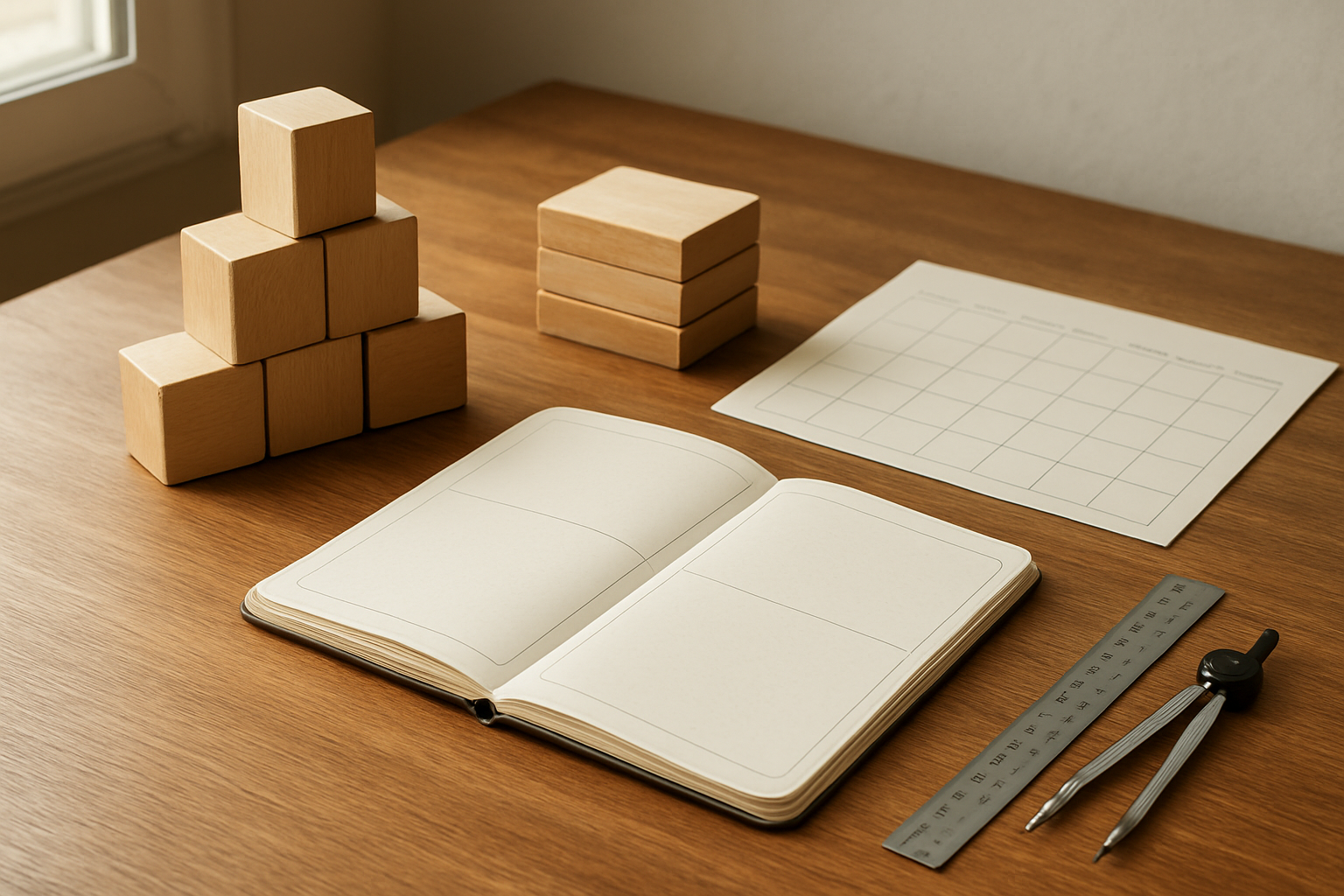 Create a realistic image of a wooden desk with foundation-building elements including building blocks or foundation stones arranged systematically, a clean notebook with organized sections, a calendar showing monthly layout, and measuring tools like a ruler or compass, all arranged on a warm wood surface with soft natural lighting from a window, creating a focused and methodical atmosphere that represents the systematic approach to goal-setting foundations, absolutely NO text should be in the scene.