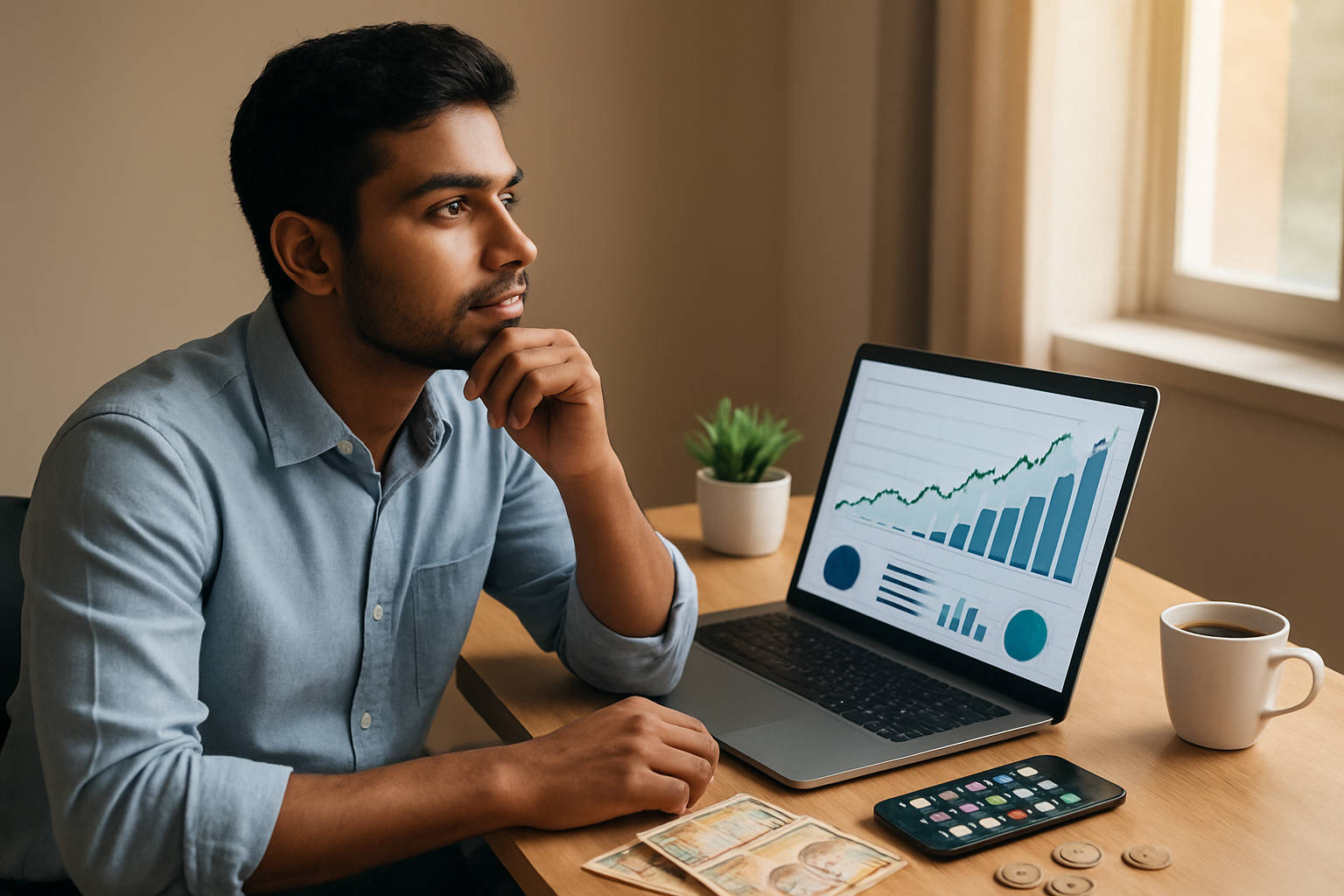 Create a realistic image of a young Indian male sitting at a modern desk with a laptop open, looking thoughtfully at upward-trending graphs and charts displayed on the screen, with a smartphone beside the laptop showing various app icons, Indian rupee notes and coins scattered on the desk, a small potted plant and coffee cup in the background, warm natural lighting coming through a window, creating a focused and optimistic atmosphere that conveys financial planning and digital earning potential, absolutely NO text should be in the scene.