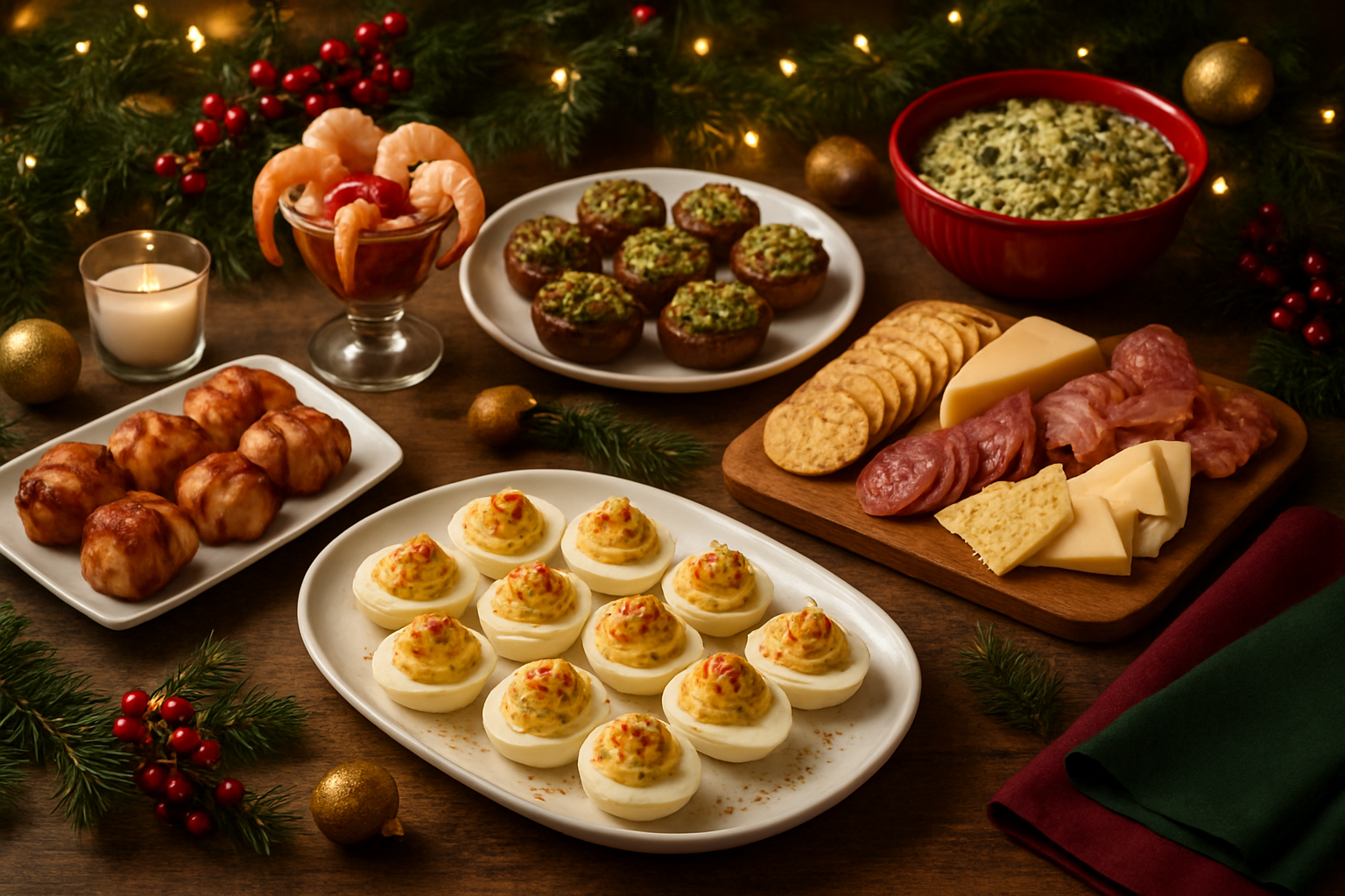 Create a realistic image of an elegant Christmas appetizer spread on a rustic wooden table featuring traditional holiday hors d'oeuvres including stuffed mushrooms, bacon-wrapped scallops, cheese and charcuterie board with crackers, deviled eggs garnished with paprika, shrimp cocktail with cocktail sauce, and spinach artichoke dip in a festive red bowl, all beautifully arranged on white serving platters and wooden boards, with Christmas decorations like pine branches, red berries, and golden ornaments scattered around the table, warm ambient lighting creating a cozy holiday atmosphere, and elegant cloth napkins in deep green and burgundy colors completing the festive table setting, absolutely NO text should be in the scene.