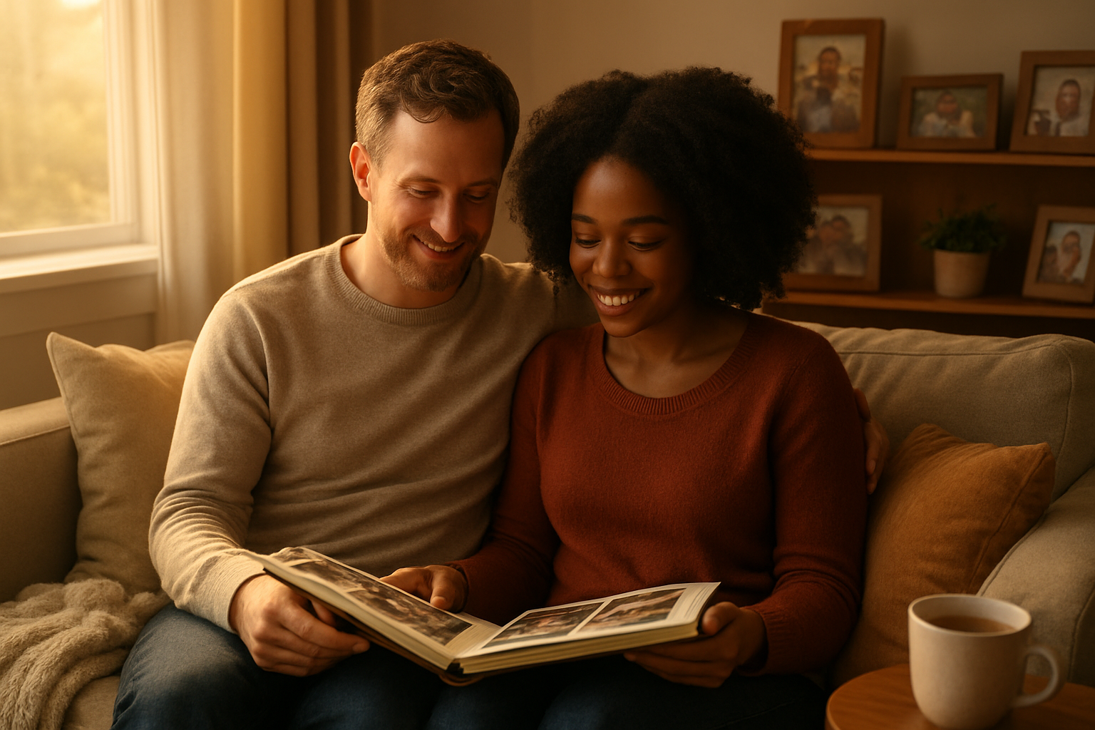 Create a realistic image of a white male and black female couple sitting together on a comfortable couch in a cozy living room, both looking at a photo album spread across their laps, with warm golden hour lighting streaming through a nearby window, soft throw pillows and a knitted blanket nearby, a cup of tea on a side table, and family photos displayed on shelves in the background, capturing an intimate moment of connection and shared memories, with soft natural lighting creating a peaceful and loving atmosphere, absolutely NO text should be in the scene.