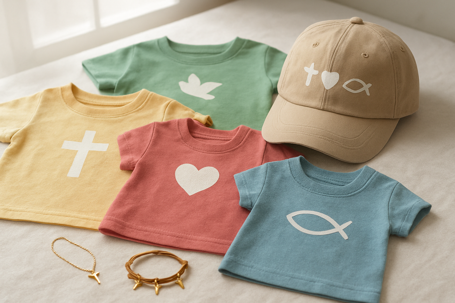 Create a realistic image of a collection of Christian-themed wearable items for toddlers including a small cross necklace, colorful Christian-themed t-shirts with simple symbols, a child-sized bracelet with cross charms, and a cute baseball cap with faith symbols, all arranged on a soft white surface with gentle natural lighting from a window, creating a warm and peaceful atmosphere. Absolutely NO text should be in the scene.