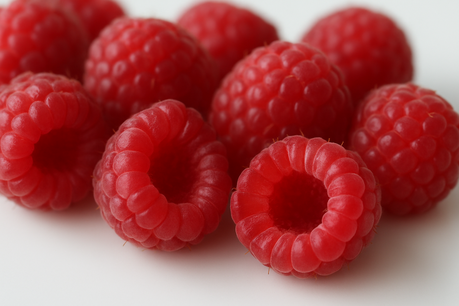 Create a realistic image of fresh ripe raspberries in extreme close-up detail showing their distinctive aggregate drupelets structure, with individual tiny rounded segments clearly visible, displaying the characteristic deep red color and delicate fuzzy texture, arranged on a clean white surface with some raspberries cut in half to reveal the hollow core interior, soft natural lighting highlighting the intricate physical features and botanical details, shallow depth of field focusing on the textural elements that define raspberry morphology, absolutely NO text should be in the scene.