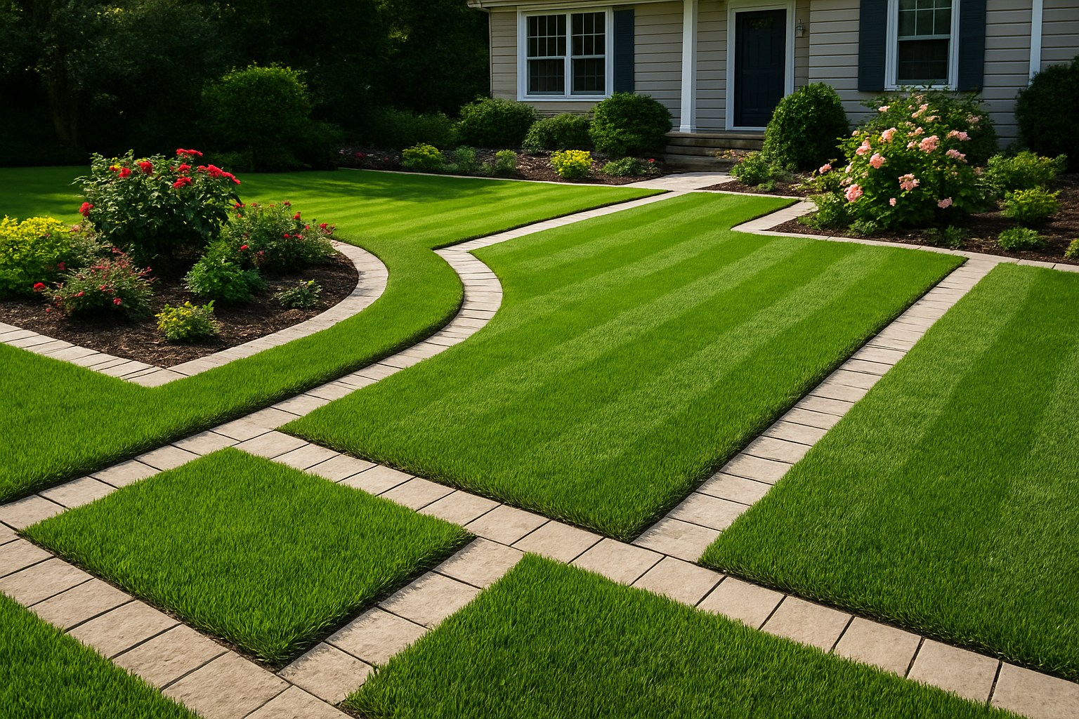 Create a realistic image of a beautifully completed lawn mowing strip project showing a pristine residential yard with clean, geometric mowing strips made of decorative stones or pavers creating defined pathways and borders around flower beds and lawn edges, featuring lush green grass on both sides of the strips, well-maintained landscaping with colorful flowers and shrubs, a well-kept house in the background, bright natural daylight creating clear shadows that highlight the professional quality and neat geometric patterns of the installed mowing strips, showcasing the dramatic before-and-after transformation with the strips providing clear definition between different landscape areas, absolutely NO text should be in the scene.