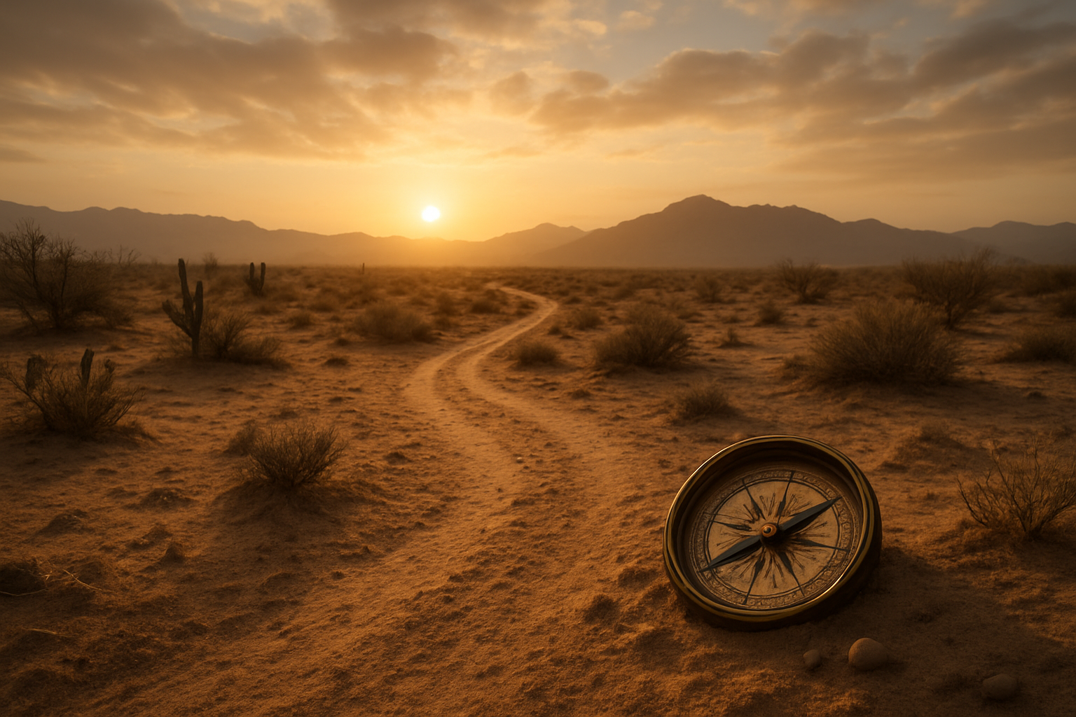 Create a realistic image of a peaceful desert landscape at dawn with a winding dirt path stretching toward distant mountains, featuring sparse vegetation like small cacti and dry bushes scattered across sandy terrain, soft golden sunlight breaking through morning clouds casting gentle shadows, creating a serene yet challenging atmosphere that conveys perseverance through difficult seasons, with a compass partially buried in sand beside the path symbolizing guidance and direction, warm earth tones of browns and golds dominating the scene, absolutely NO text should be in the scene.