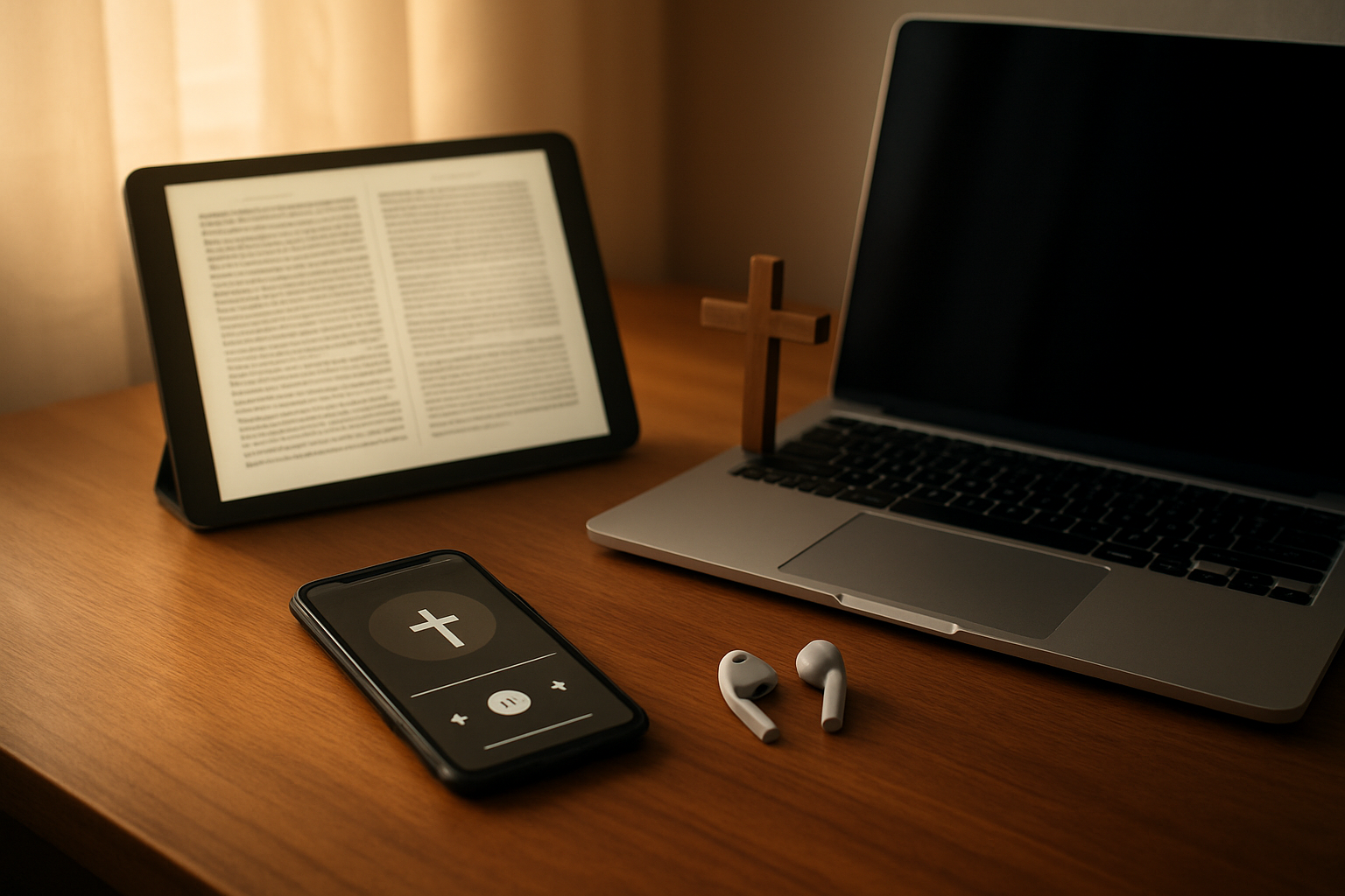 Create a realistic image of a modern wooden desk displaying various digital faith resources including a tablet showing a Bible app, a smartphone with a Christian podcast playing, wireless earbuds, and a laptop computer, with soft warm lighting from a nearby window creating a peaceful study atmosphere, and a small wooden cross placed nearby as a decorative element, absolutely NO text should be in the scene.
