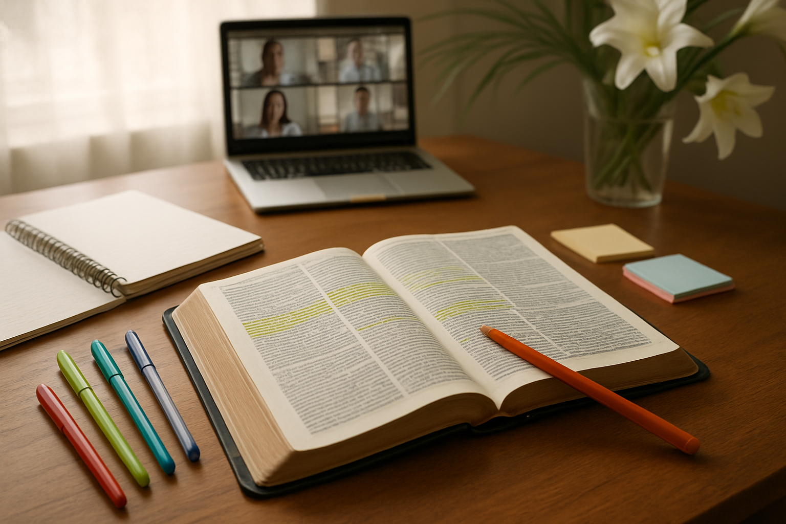 Create a realistic image of an open Bible with highlighted verses surrounded by study materials including notebooks, colored pens, and sticky notes on a wooden desk, with a laptop displaying a paused video call showing multiple participants in small windows, soft natural lighting from a nearby window, palm branches and Easter lilies visible in the background, creating a peaceful and focused Bible study atmosphere, absolutely NO text should be in the scene.
