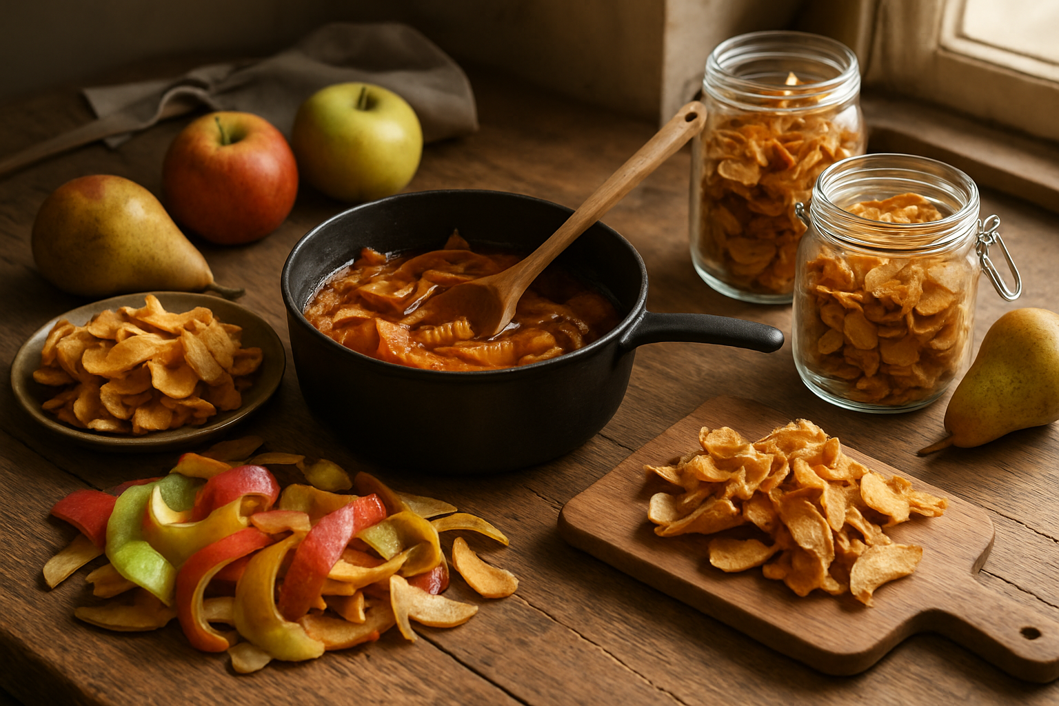Create a realistic image of fresh apple and pear peels being transformed into delicious food items on a rustic wooden kitchen counter, showing colorful red and green apple peels alongside golden pear peels arranged next to finished products like homemade fruit chips, peels being stirred into a simmering pot for jam, and dried peel snacks in glass jars, with warm natural lighting from a nearby window creating soft shadows, surrounded by whole apples and pears, a wooden cutting board, and kitchen utensils, capturing the essence of zero waste cooking and creative food preparation, absolutely NO text should be in the scene.