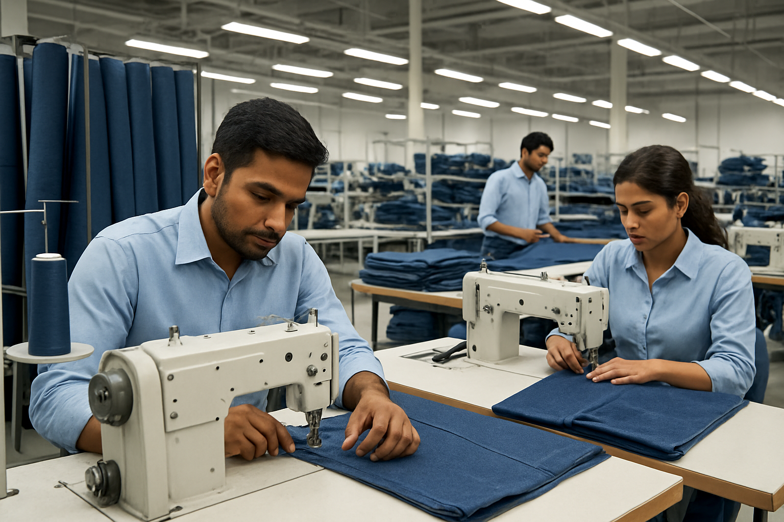 Create a realistic image of a modern Indian textile manufacturing facility showing denim production with industrial sewing machines, rolls of premium blue denim fabric, and cutting tables, featuring South Asian male and female workers in professional attire operating equipment, with a clean, well-lit factory floor environment showcasing efficiency and quality production, bright industrial lighting illuminating the organized workspace with stacks of finished denim jeans visible in the background, conveying professionalism and cost-effective manufacturing capabilities, absolutely NO text should be in the scene.