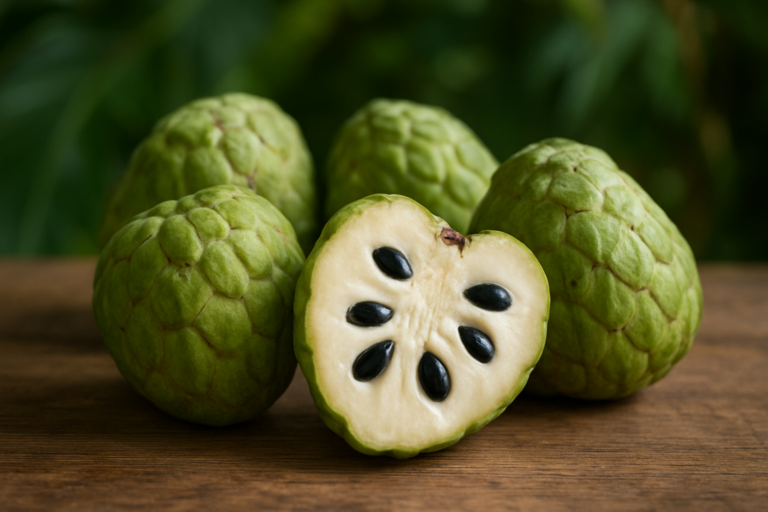 Create a realistic image of fresh whole cherimoya fruits with their characteristic heart-shaped form and green scaly skin texture, alongside a cut-open cherimoya revealing the creamy white custard-like flesh with glossy black seeds, arranged on a rustic wooden surface with soft natural lighting, tropical green foliage in the blurred background suggesting an exotic origin, warm and inviting atmosphere that emphasizes the fruit's unique appearance and appeal, absolutely NO text should be in the scene.