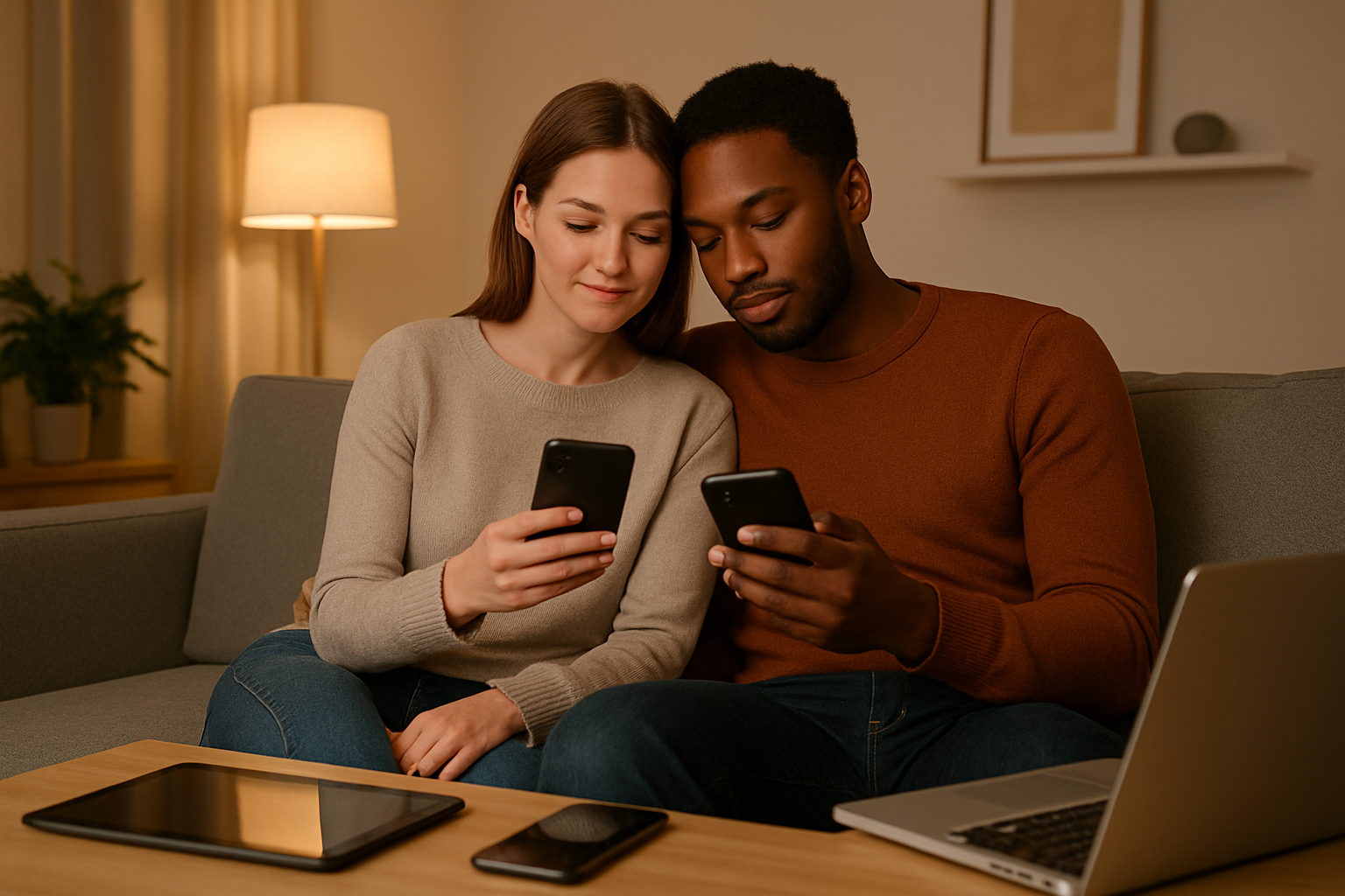 Create a realistic image of a diverse couple sitting together on a modern couch, with a white female and black male looking at their smartphones while leaning against each other, surrounded by digital devices like tablets and laptops on a coffee table, with soft warm lighting from a contemporary living room setting, showing the blend of physical closeness and digital connectivity in modern relationships, absolutely NO text should be in the scene.