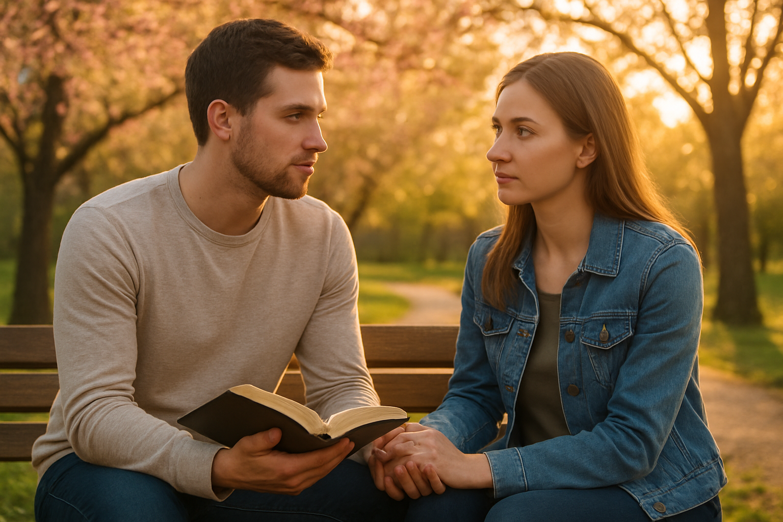 Create a realistic image of a young white male and female couple sitting together on a wooden bench in a peaceful park setting, engaged in deep conversation while holding hands, with the man holding an open Bible in his other hand, surrounded by blooming trees and soft golden hour lighting filtering through the branches, creating a warm and serene atmosphere that conveys intentional relationship building and spiritual connection, with a blurred background of a walking path and distant trees. Absolutely NO text should be in the scene.