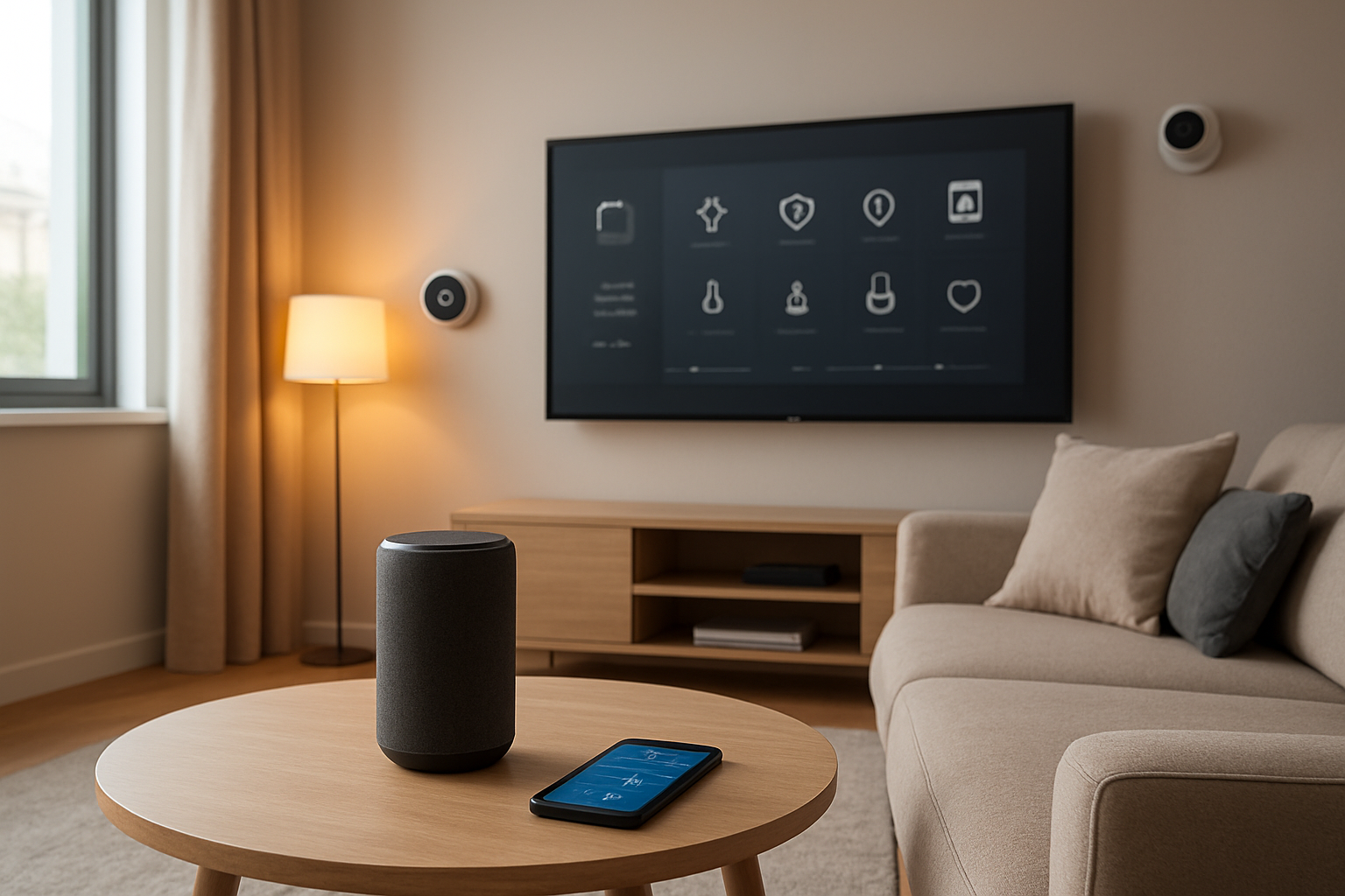 Create a realistic image of a modern living room showcasing multiple smart home devices including a sleek smart speaker on a coffee table, smart LED lights with warm ambient lighting, a smart thermostat mounted on the wall, a smart security camera in the corner, a smart TV displaying a home automation interface, and a smartphone on the table showing a home control app, all arranged in a cozy contemporary home setting with clean lines and neutral colors, captured with soft natural lighting from a large window creating a welcoming atmosphere that represents the future of connected home living, absolutely NO text should be in the scene.