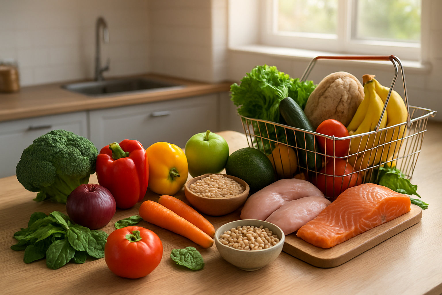 Create a realistic image of a modern kitchen counter with a vibrant array of fresh whole foods including colorful vegetables, fruits, lean proteins, and whole grains artfully arranged alongside a shopping basket filled with healthy groceries, with warm natural lighting streaming through a window, creating an inviting and health-focused atmosphere that represents the successful transformation from processed to wholesome eating habits, absolutely NO text should be in the scene.