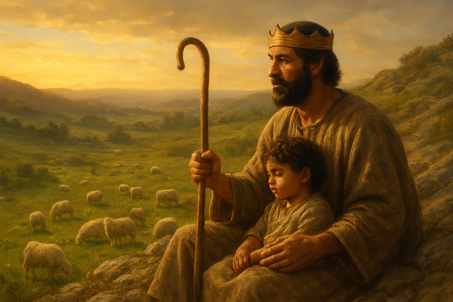 Create a realistic image of a Middle Eastern male shepherd king sitting on a rocky hillside overlooking green pastures with sheep grazing peacefully below, wearing simple robes and a crown, holding a wooden shepherd's staff in one hand while gently embracing a young child beside him, with golden sunset lighting casting warm shadows across the pastoral landscape, conveying both royal authority and tender fatherly love, absolutely NO text should be in the scene.