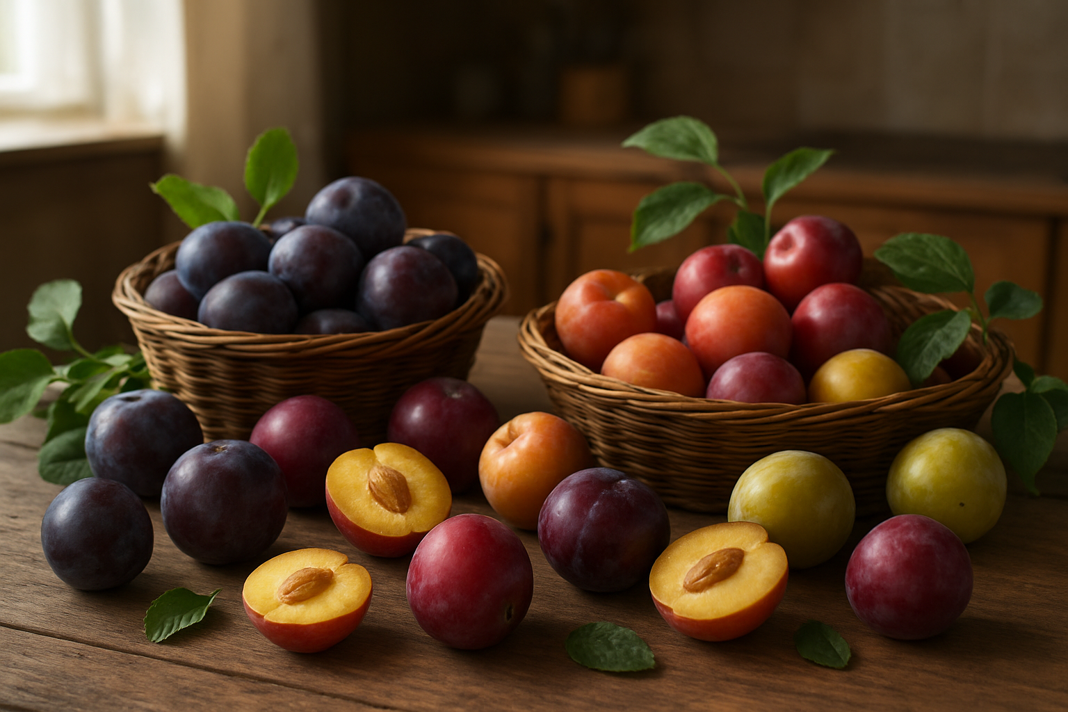 Create a realistic image of a rustic wooden table displaying an abundant variety of fresh plums in different colors including deep purple, red, yellow, and green plums, some whole and some cut in half showing the stone pit inside, arranged in wicker baskets and scattered naturally across the surface, with soft natural lighting streaming from a window creating gentle shadows, surrounded by a few plum tree branches with green leaves as decorative elements, set against a warm kitchen background with blurred wooden cabinets, conveying a wholesome and appetizing mood that summarizes the complete knowledge about plums, absolutely NO text should be in the scene.