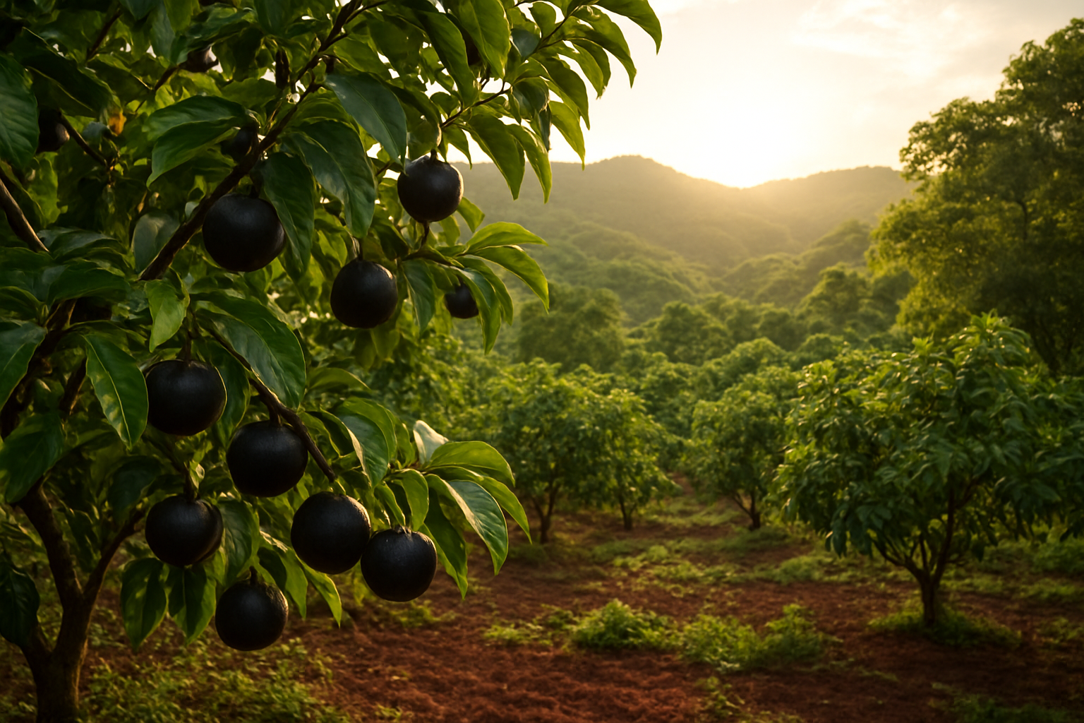 Create a realistic image of lush tropical plantations with black sapote trees bearing dark purple-black fruits, showing native Central American and Mexican growing regions with rolling hills covered in dense green vegetation, warm golden sunlight filtering through the canopy, traditional agricultural landscape with rich fertile soil, peaceful rural atmosphere showcasing the natural habitat where black sapote fruits originate and thrive, absolutely NO text should be in the scene.