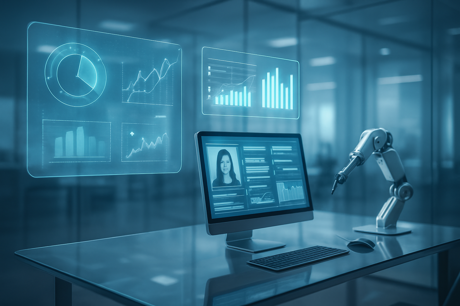 Create a realistic image of a futuristic office environment with holographic displays showing AI analytics and data visualizations floating in mid-air, a sleek modern desk with advanced computer interfaces displaying candidate profiles and assessment metrics, robotic elements subtly integrated into the workspace, soft blue and white lighting creating a high-tech atmosphere, glass surfaces reflecting digital interfaces, and a clean minimalist background suggesting innovation and technological advancement in recruitment processes, absolutely NO text should be in the scene.
