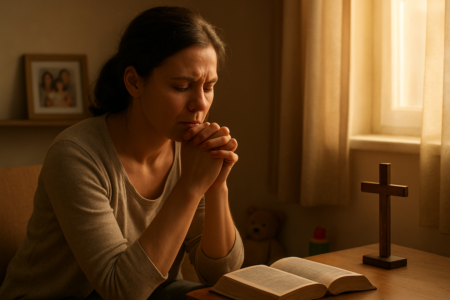 Create a realistic image of a tired but determined mother sitting quietly in a peaceful corner of her home, hands clasped together in a prayer-like position, with soft morning sunlight streaming through a nearby window, creating a warm and hopeful atmosphere that conveys inner strength and faith during challenging times, with a simple cross or open Bible visible on a nearby table, surrounded by subtle signs of motherhood like children's toys or family photos in the background, all rendered in warm, comforting tones that evoke resilience and spiritual guidance, absolutely NO text should be in the scene.