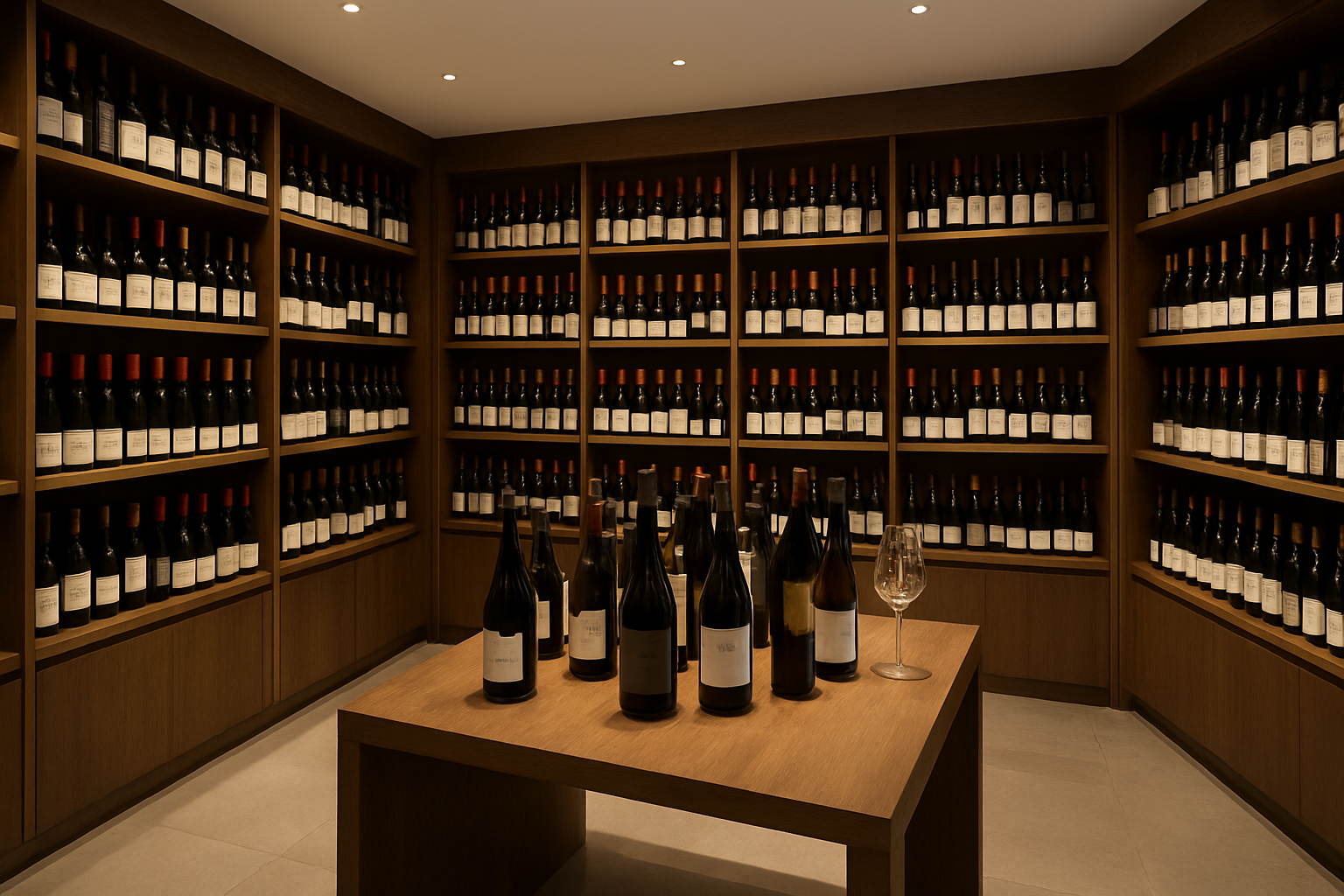 Create a realistic image of a modern wine shop interior showcasing premium wine bottles arranged on elegant wooden shelves, with a central display featuring diverse wine bottles without subscription tags or membership signs, soft warm lighting highlighting the wine collection, a clean contemporary retail environment with polished floors, and a few wine accessories like decanters and glasses strategically placed, conveying a high-end boutique wine shopping experience that emphasizes quality and accessibility, absolutely NO text should be in the scene.