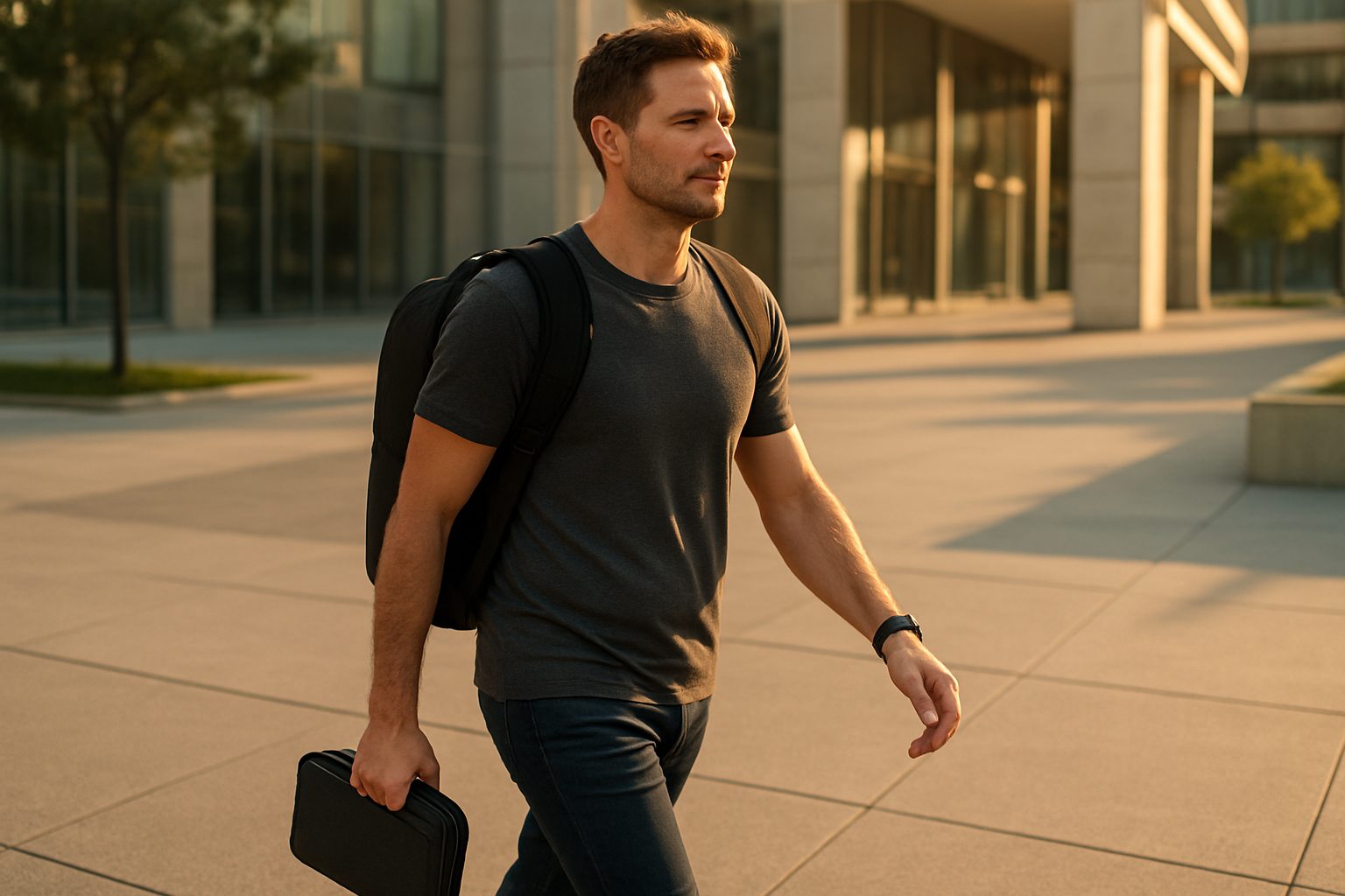 Create a realistic image of a white male in his 30s walking confidently through a modern urban setting with a sleek, minimalist everyday carry setup including a streamlined backpack and organized accessories, captured in warm golden hour lighting that emphasizes the sense of freedom and effortless movement, with the background showing a clean cityscape with smooth pathways and open spaces that convey the feeling of unobstructed daily mobility, where the person's relaxed posture and natural stride demonstrate the ease and comfort of well-designed carry solutions, absolutely NO text should be in the scene.