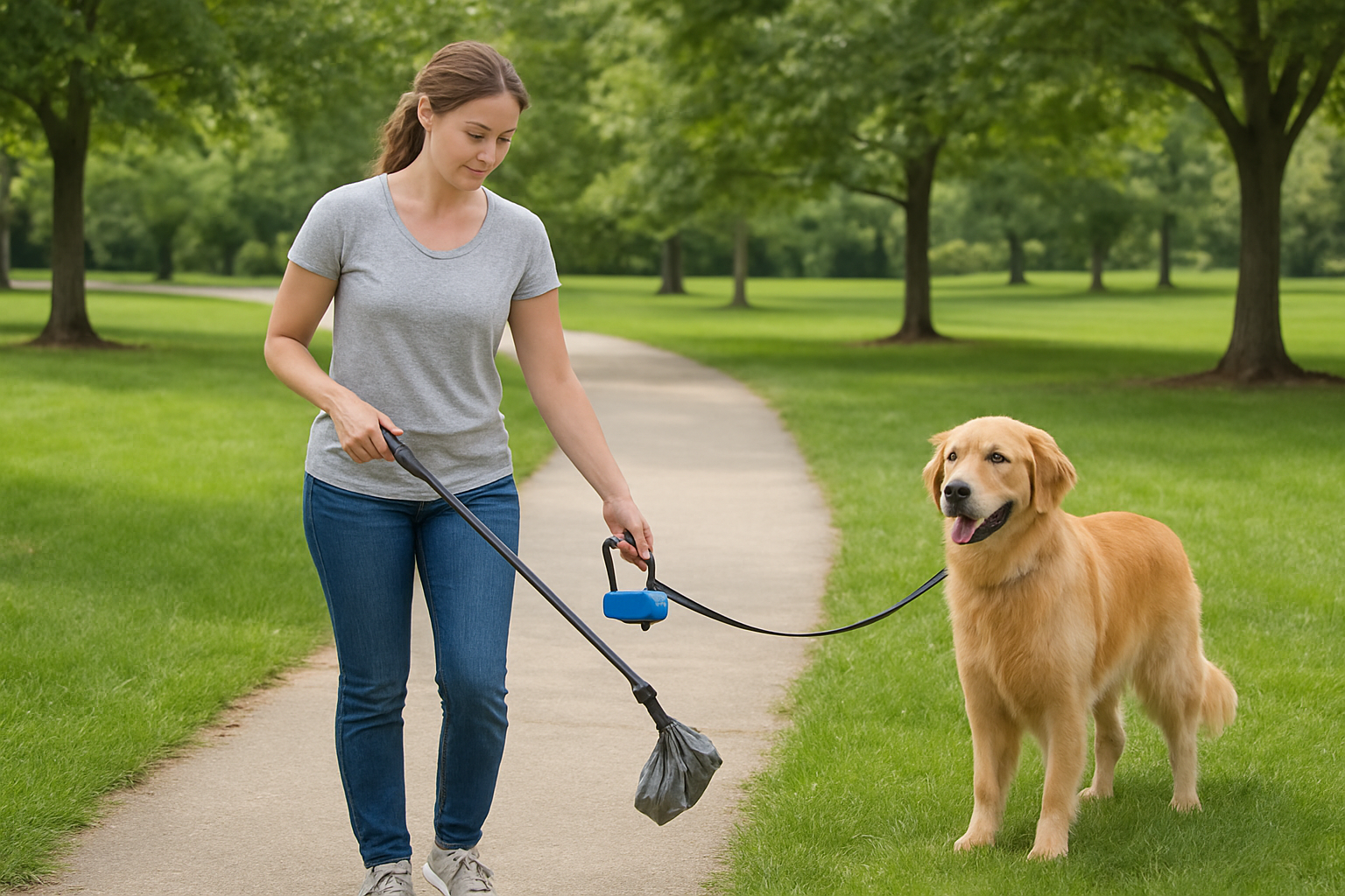 Create a realistic image of a white female dog owner in a peaceful suburban park setting, demonstrating effortless one-handed pet waste cleanup while her golden retriever stands calmly nearby on a leash, with the woman easily managing a modern waste bag dispenser and pickup tool in one hand while maintaining control of the leash with the other hand, surrounded by green grass, trees, and a clean walking path under soft natural daylight that conveys convenience and ease, absolutely NO text should be in the scene.