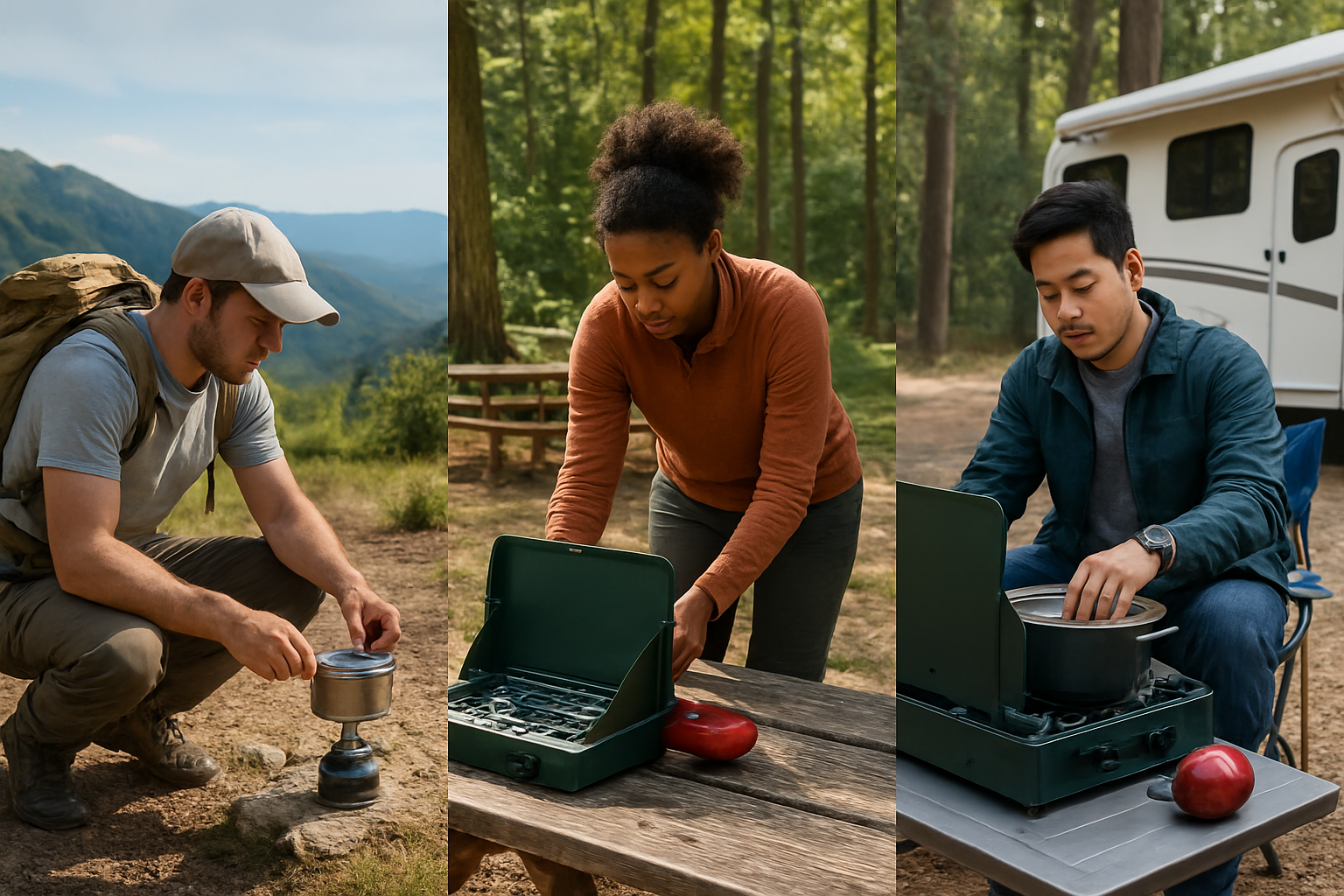 Create a realistic image of a split scene showing three distinct camping scenarios: on the left, a white male hiker with a lightweight backpack examining a compact portable stove on a mountain trail, in the center, a black female camper setting up a medium-sized camping stove at a well-established campground with picnic tables, and on the right, an Asian male outdoorsman using a large multi-burner camping stove at a car camping site with an RV in the background, each scene displaying different types of camping stoves and gear appropriate to their camping style, with natural outdoor lighting and forest/mountain backgrounds, showing the contrast between ultralight backpacking, traditional camping, and car camping approaches, absolutely NO text should be in the scene.