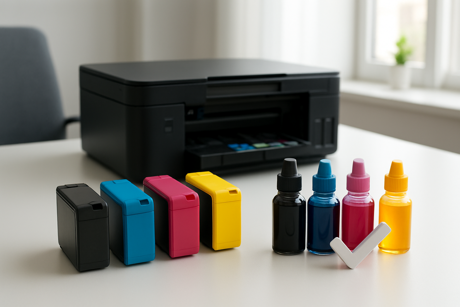 Create a realistic image of a modern office setting showcasing printer ink refill services with a clean white desk displaying various colored ink cartridges (black, cyan, magenta, yellow) arranged neatly, a professional inkjet printer with its cartridge compartment open, small bottles of premium ink in vibrant colors, and a subtle checkmark or thumbs up symbol made from physical objects to represent benefits and advantages, with soft natural lighting from a window creating a professional and trustworthy atmosphere, absolutely NO text should be in the scene.