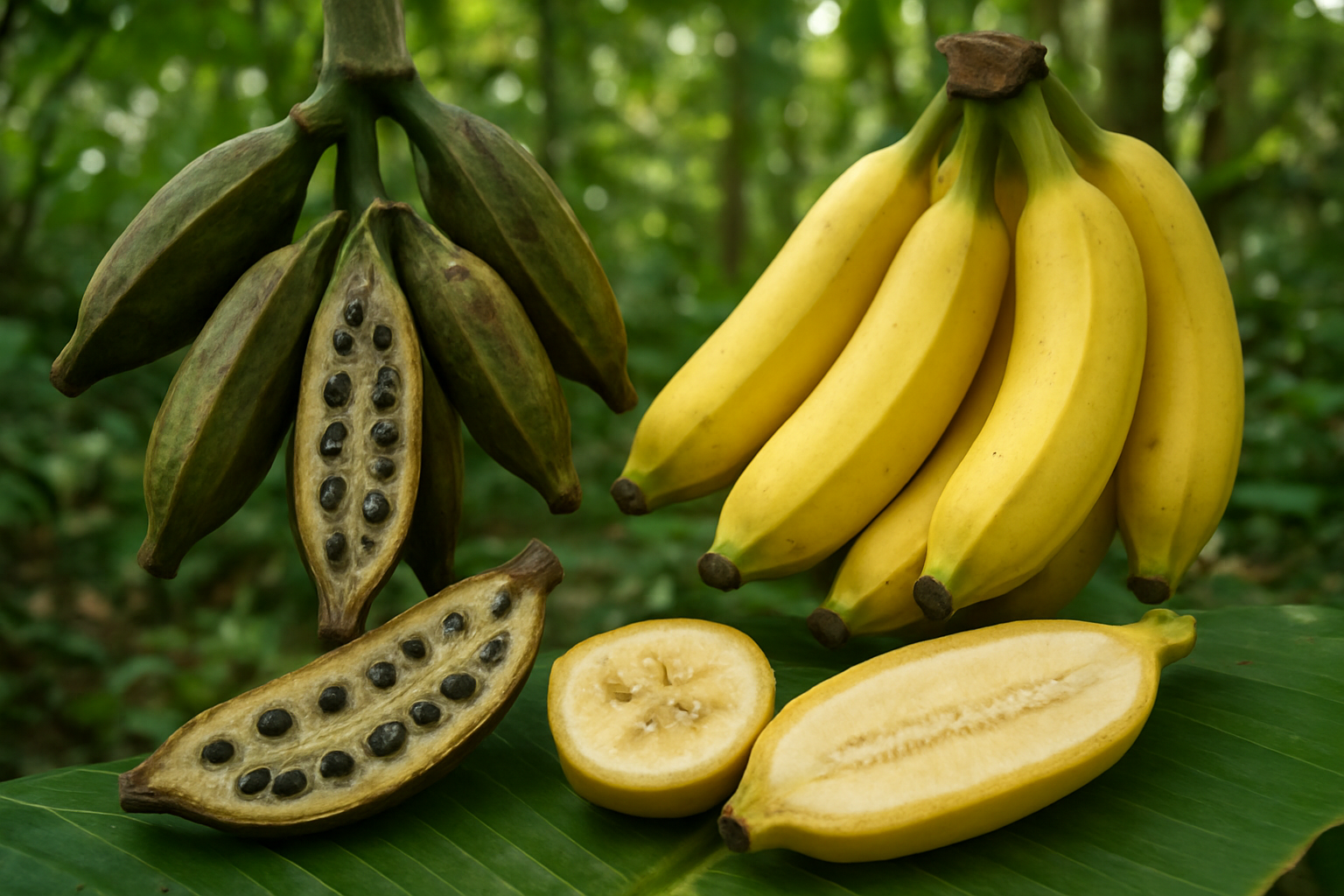 Create a realistic image of wild bananas growing on a plant alongside cultivated bananas for comparison, showing the distinct physical differences including the wild bananas' smaller size, numerous large black seeds visible through translucent flesh, thicker and tougher skin, and more angular shape, contrasted with the familiar seedless yellow cultivated bananas, set against a natural tropical forest background with dappled sunlight filtering through green foliage, displaying both fruits cut open to reveal their internal structures and whole fruits hanging from banana plants, absolutely NO text should be in the scene.
