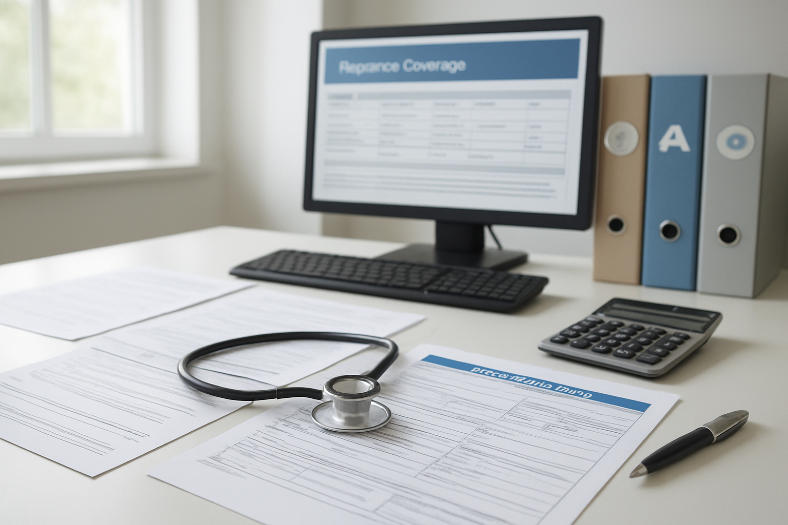 Create a realistic image of a modern hospital billing office with insurance documents and medical claim forms spread across a clean white desk, a computer screen displaying insurance coverage details, medical stethoscope, calculator, and folders labeled with insurance company logos in the background, professional healthcare administrative setting with soft natural lighting from a window, clean and organized atmosphere suggesting financial planning and medical coverage decisions, absolutely NO text should be in the scene.