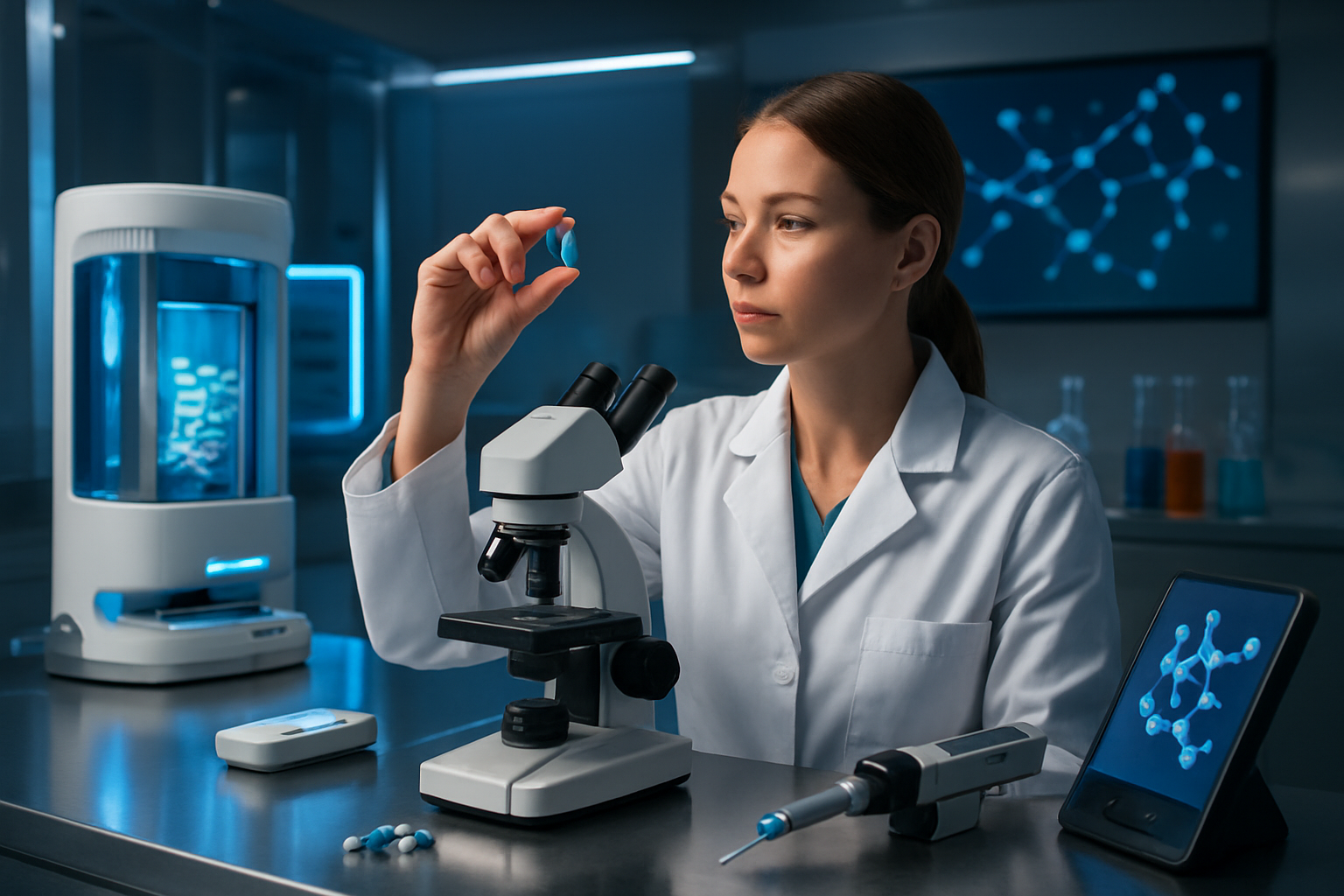 Create a realistic image of a modern pharmaceutical laboratory showcasing advanced drug delivery innovation with a white female scientist in a lab coat examining sophisticated nanotechnology capsules and targeted delivery systems, featuring high-tech equipment including microscopes and molecular modeling displays, sleek metallic surfaces with blue LED lighting, futuristic pill dispensers and precision injection devices, clean sterile environment with glass containers holding colorful biopharmaceutical compounds, professional scientific atmosphere with soft ambient lighting highlighting the cutting-edge technology, absolutely NO text should be in the scene.