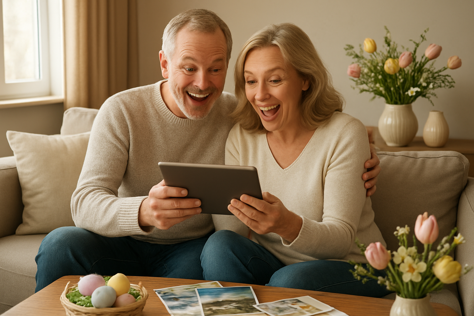 Create a realistic image of a white middle-aged couple sitting together on a cozy couch looking at a tablet screen with excitement and joy, surrounded by Easter decorations like pastel flowers and subtle spring elements, with travel brochures and experience vouchers scattered on a coffee table nearby, warm natural lighting streaming through a window creating a cozy home atmosphere, the scene capturing the anticipation of planning new adventures together, absolutely NO text should be in the scene.